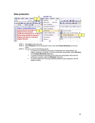 45
Data protection:
FIGURE 10.6
STEP 1: Click Tool on the menu bar,
STEP 2: Click Protection from the drop-down menu, then click Protect Workbook on the sub-
menu.
STEP 3: Do one or more of the following points:
§ To protect your workbook comprising of worksheets from being deleted, cut,
hidden, renamed or unhidden, and new worksheets being added, select Structure
in the Protect Workbook dialog box.
§ To protect windows so that they are the same size and position each time the
workbook is opened, select the Windows check box.
§ To prevent others from removing workbook protection, type a password, click Ok,
retype to confirm.
1
2
3
 