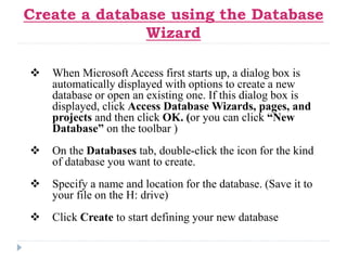 Specify a name and location for the database and click Create.
(Below is the screen that shows up following this step)
Tab...