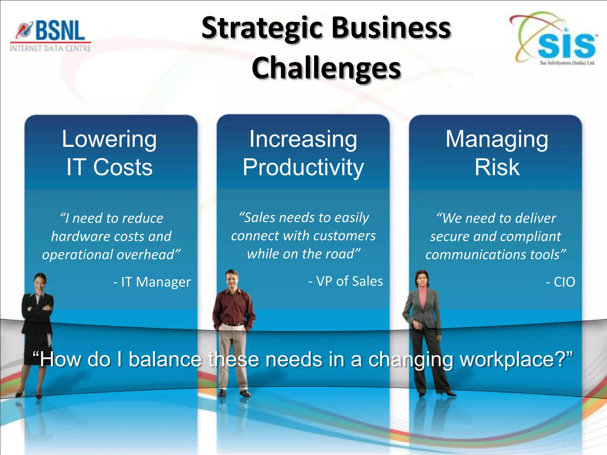 Strategic Business
                             Challenges

  Lowering                  Increasing                   Managing
  IT Costs                  Productivity                   Risk

  “I need to reduce         “Sales needs to easily       “We need to deliver
 hardware costs and        connect with customers       secure and compliant
operational overhead”        while on the road”        communications tools”
          - IT Manager                 - VP of Sales                    - CIO




“How do I balance these needs in a changing workplace?”
 