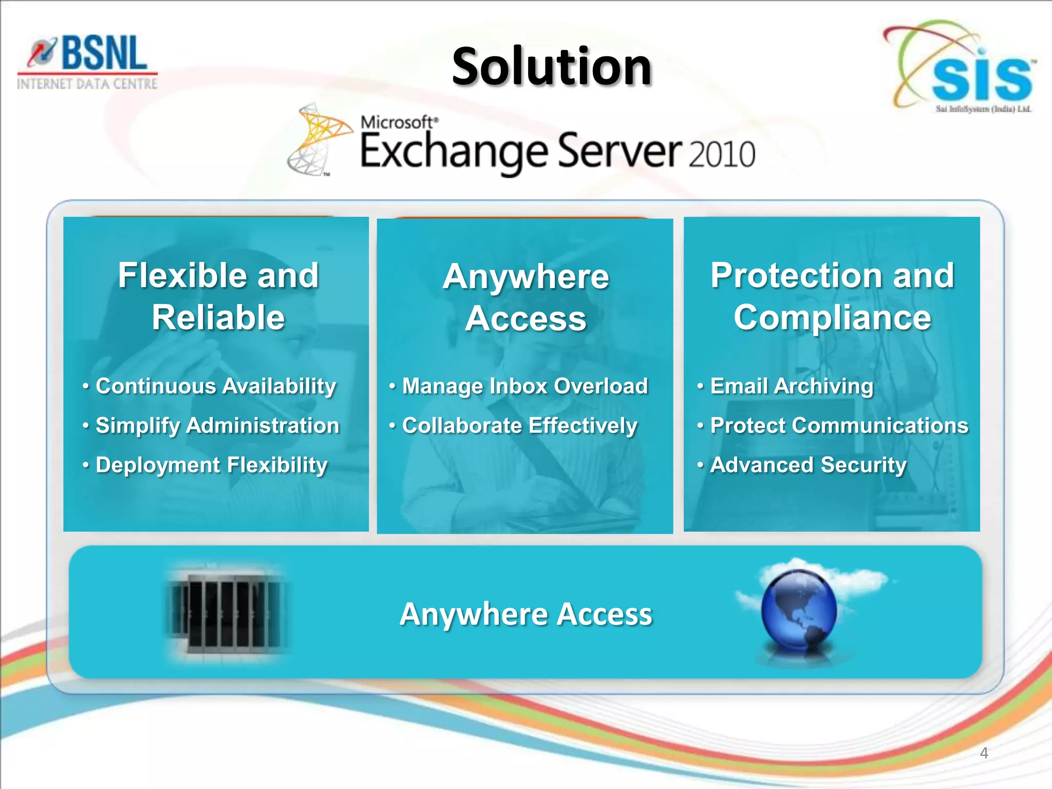 Solution


   Flexible and                  Anywhere                Protection and
     Reliable                     Access                  Compliance
• Continuous Availability   • Manage Inbox Overload     • Email Archiving
• Simplify Administration   • Collaborate Effectively   • Protect Communications
• Deployment Flexibility                                • Advanced Security




                             Anywhere Access


                                                                                   4
 