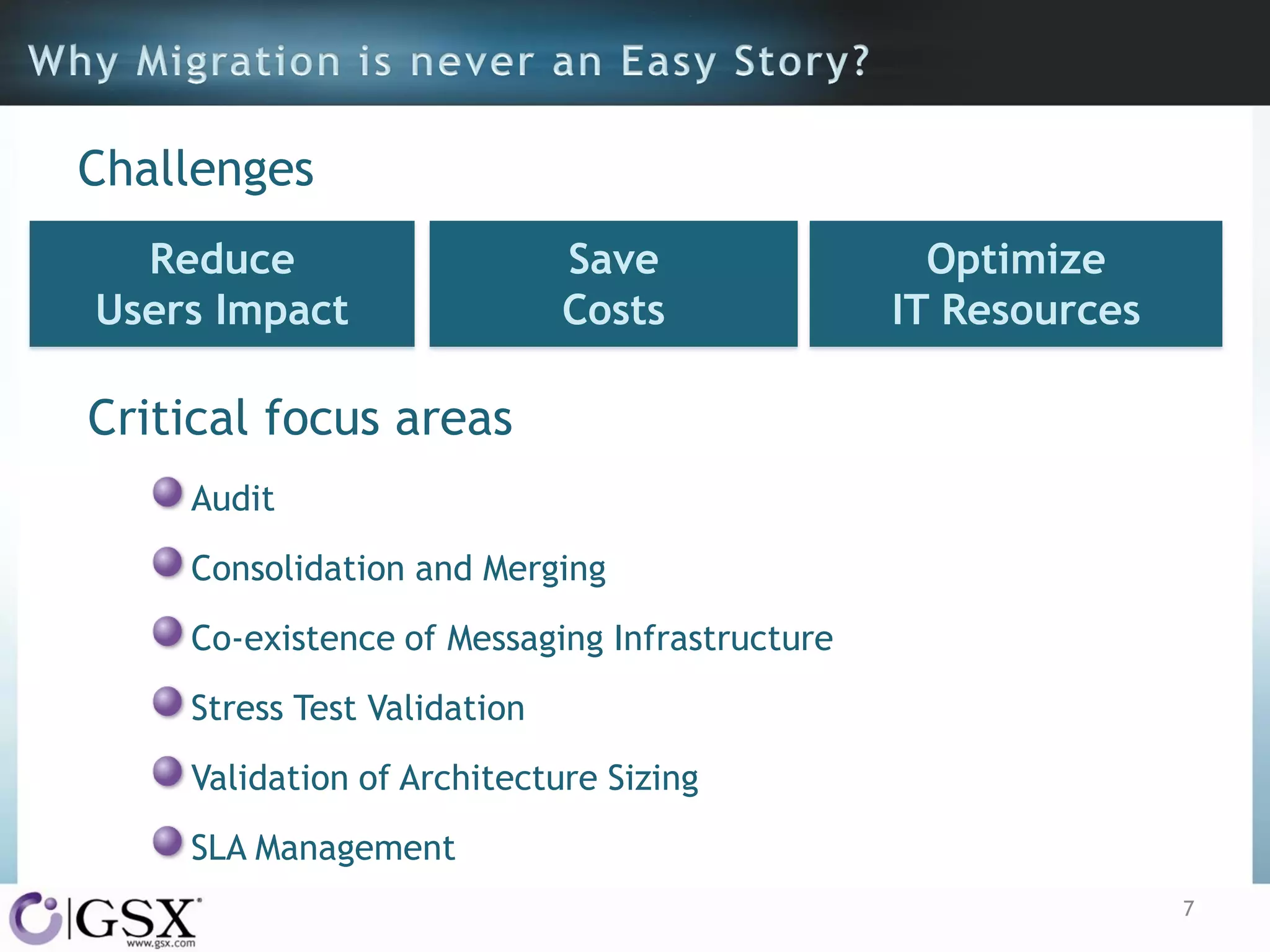 Challenges
Reduce
Users Impact

Save
Costs

Optimize
IT Resources

Critical focus areas
Audit
Consolidation and Merging

Co-existence of Messaging Infrastructure
Stress Test Validation
Validation of Architecture Sizing
SLA Management
7

 