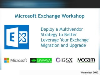 Microsoft Exchange Workshop
Deploy a Multivendor
Strategy to Better
Leverage Your Exchange
Migration and Upgrade

November 2013

 