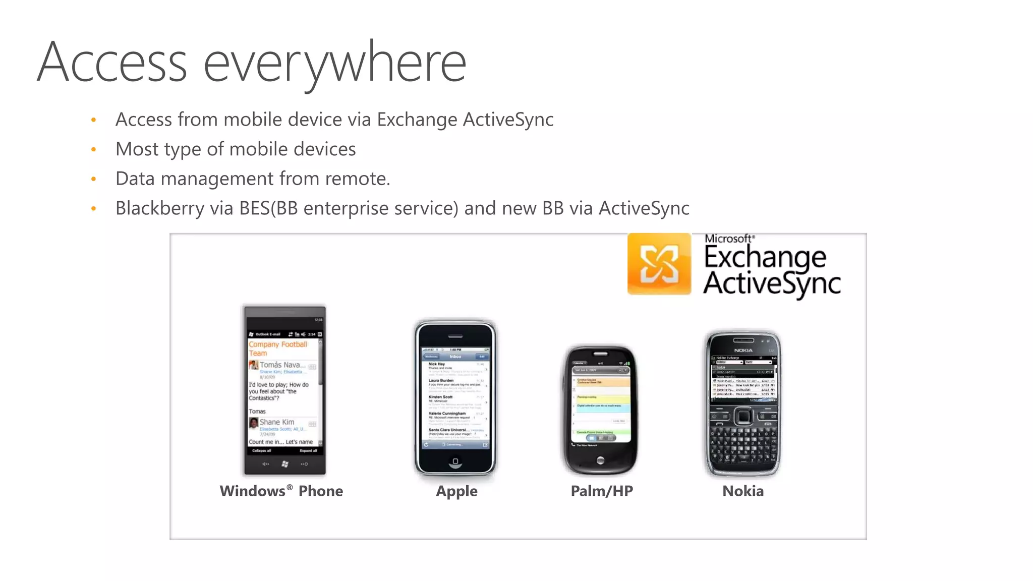 •
•
•
•

Windows® Phone

Apple

Palm/HP

Nokia

 