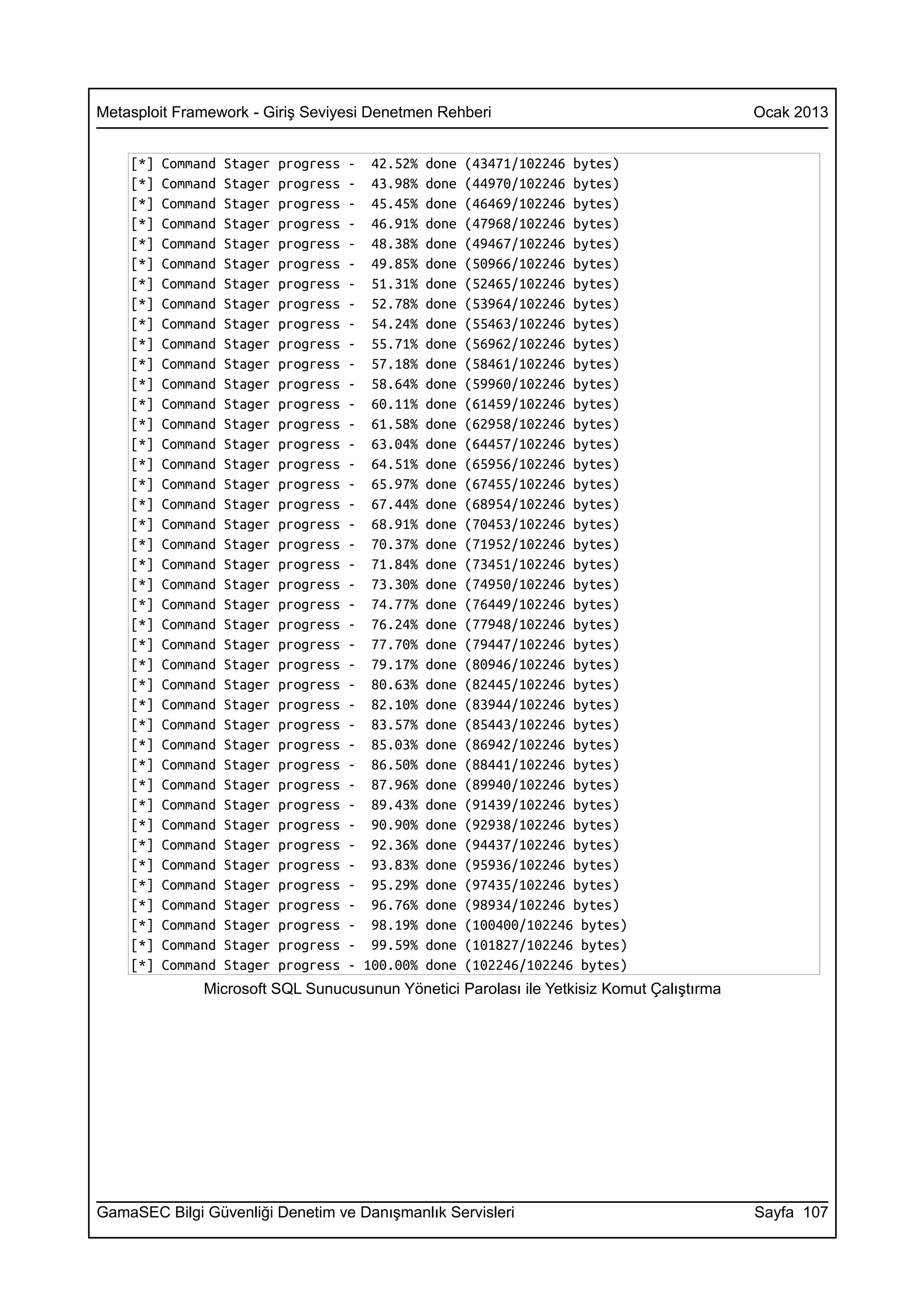 Metasploit Framework - Giriş Seviyesi Denetmen Rehberi                                     Ocak 2013


    [*]   Command   Stager   progress   - 42.52%    done   (43471/102246 bytes)
    [*]   Command   Stager   progress   - 43.98%    done   (44970/102246 bytes)
    [*]   Command   Stager   progress   - 45.45%    done   (46469/102246 bytes)
    [*]   Command   Stager   progress   - 46.91%    done   (47968/102246 bytes)
    [*]   Command   Stager   progress   - 48.38%    done   (49467/102246 bytes)
    [*]   Command   Stager   progress   - 49.85%    done   (50966/102246 bytes)
    [*]   Command   Stager   progress   - 51.31%    done   (52465/102246 bytes)
    [*]   Command   Stager   progress   - 52.78%    done   (53964/102246 bytes)
    [*]   Command   Stager   progress   - 54.24%    done   (55463/102246 bytes)
    [*]   Command   Stager   progress   - 55.71%    done   (56962/102246 bytes)
    [*]   Command   Stager   progress   - 57.18%    done   (58461/102246 bytes)
    [*]   Command   Stager   progress   - 58.64%    done   (59960/102246 bytes)
    [*]   Command   Stager   progress   - 60.11%    done   (61459/102246 bytes)
    [*]   Command   Stager   progress   - 61.58%    done   (62958/102246 bytes)
    [*]   Command   Stager   progress   - 63.04%    done   (64457/102246 bytes)
    [*]   Command   Stager   progress   - 64.51%    done   (65956/102246 bytes)
    [*]   Command   Stager   progress   - 65.97%    done   (67455/102246 bytes)
    [*]   Command   Stager   progress   - 67.44%    done   (68954/102246 bytes)
    [*]   Command   Stager   progress   - 68.91%    done   (70453/102246 bytes)
    [*]   Command   Stager   progress   - 70.37%    done   (71952/102246 bytes)
    [*]   Command   Stager   progress   - 71.84%    done   (73451/102246 bytes)
    [*]   Command   Stager   progress   - 73.30%    done   (74950/102246 bytes)
    [*]   Command   Stager   progress   - 74.77%    done   (76449/102246 bytes)
    [*]   Command   Stager   progress   - 76.24%    done   (77948/102246 bytes)
    [*]   Command   Stager   progress   - 77.70%    done   (79447/102246 bytes)
    [*]   Command   Stager   progress   - 79.17%    done   (80946/102246 bytes)
    [*]   Command   Stager   progress   - 80.63%    done   (82445/102246 bytes)
    [*]   Command   Stager   progress   - 82.10%    done   (83944/102246 bytes)
    [*]   Command   Stager   progress   - 83.57%    done   (85443/102246 bytes)
    [*]   Command   Stager   progress   - 85.03%    done   (86942/102246 bytes)
    [*]   Command   Stager   progress   - 86.50%    done   (88441/102246 bytes)
    [*]   Command   Stager   progress   - 87.96%    done   (89940/102246 bytes)
    [*]   Command   Stager   progress   - 89.43%    done   (91439/102246 bytes)
    [*]   Command   Stager   progress   - 90.90%    done   (92938/102246 bytes)
    [*]   Command   Stager   progress   - 92.36%    done   (94437/102246 bytes)
    [*]   Command   Stager   progress   - 93.83%    done   (95936/102246 bytes)
    [*]   Command   Stager   progress   - 95.29%    done   (97435/102246 bytes)
    [*]   Command   Stager   progress   - 96.76%    done   (98934/102246 bytes)
    [*]   Command   Stager   progress   - 98.19%    done   (100400/102246 bytes)
    [*]   Command   Stager   progress   - 99.59%    done   (101827/102246 bytes)
    [*]   Command   Stager   progress   - 100.00%   done   (102246/102246 bytes)
               Microsoft SQL Sunucusunun Yönetici Parolası ile Yetkisiz Komut Çalıştırma




GamaSEC Bilgi Güvenliği Denetim ve Danışmanlık Servisleri                                  Sayfa 107
 