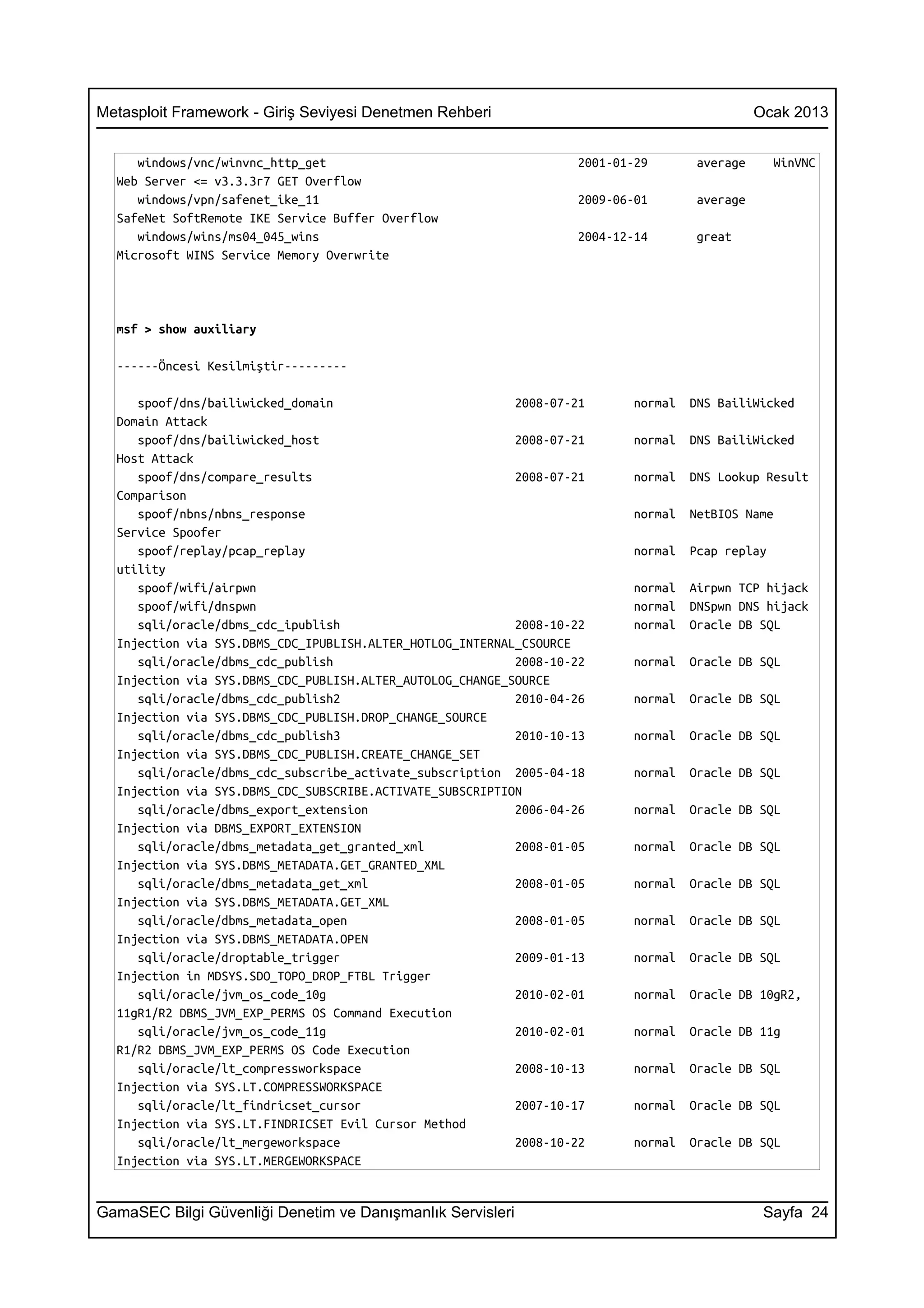Metasploit Framework - Giriş Seviyesi Denetmen Rehberi                                          Ocak 2013


     windows/vnc/winvnc_http_get                                    2001-01-29        average      WinVNC
  Web Server <= v3.3.3r7 GET Overflow
     windows/vpn/safenet_ike_11                                     2009-06-01        average
  SafeNet SoftRemote IKE Service Buffer Overflow
     windows/wins/ms04_045_wins                                     2004-12-14        great
  Microsoft WINS Service Memory Overwrite




  msf > show auxiliary

  ------Öncesi Kesilmiştir---------

     spoof/dns/bailiwicked_domain                          2008-07-21       normal   DNS BailiWicked
  Domain Attack
     spoof/dns/bailiwicked_host                            2008-07-21       normal   DNS BailiWicked
  Host Attack
     spoof/dns/compare_results                             2008-07-21       normal   DNS Lookup Result
  Comparison
     spoof/nbns/nbns_response                                               normal   NetBIOS Name
  Service Spoofer
     spoof/replay/pcap_replay                                               normal   Pcap replay
  utility
     spoof/wifi/airpwn                                                      normal   Airpwn TCP hijack
     spoof/wifi/dnspwn                                                      normal   DNSpwn DNS hijack
     sqli/oracle/dbms_cdc_ipublish                         2008-10-22       normal   Oracle DB SQL
  Injection via SYS.DBMS_CDC_IPUBLISH.ALTER_HOTLOG_INTERNAL_CSOURCE
     sqli/oracle/dbms_cdc_publish                          2008-10-22       normal   Oracle DB SQL
  Injection via SYS.DBMS_CDC_PUBLISH.ALTER_AUTOLOG_CHANGE_SOURCE
     sqli/oracle/dbms_cdc_publish2                         2010-04-26       normal   Oracle DB SQL
  Injection via SYS.DBMS_CDC_PUBLISH.DROP_CHANGE_SOURCE
     sqli/oracle/dbms_cdc_publish3                         2010-10-13       normal   Oracle DB SQL
  Injection via SYS.DBMS_CDC_PUBLISH.CREATE_CHANGE_SET
     sqli/oracle/dbms_cdc_subscribe_activate_subscription 2005-04-18        normal   Oracle DB SQL
  Injection via SYS.DBMS_CDC_SUBSCRIBE.ACTIVATE_SUBSCRIPTION
     sqli/oracle/dbms_export_extension                     2006-04-26       normal   Oracle DB SQL
  Injection via DBMS_EXPORT_EXTENSION
     sqli/oracle/dbms_metadata_get_granted_xml             2008-01-05       normal   Oracle DB SQL
  Injection via SYS.DBMS_METADATA.GET_GRANTED_XML
     sqli/oracle/dbms_metadata_get_xml                     2008-01-05       normal   Oracle DB SQL
  Injection via SYS.DBMS_METADATA.GET_XML
     sqli/oracle/dbms_metadata_open                        2008-01-05       normal   Oracle DB SQL
  Injection via SYS.DBMS_METADATA.OPEN
     sqli/oracle/droptable_trigger                         2009-01-13       normal   Oracle DB SQL
  Injection in MDSYS.SDO_TOPO_DROP_FTBL Trigger
     sqli/oracle/jvm_os_code_10g                           2010-02-01       normal   Oracle DB 10gR2,
  11gR1/R2 DBMS_JVM_EXP_PERMS OS Command Execution
     sqli/oracle/jvm_os_code_11g                           2010-02-01       normal   Oracle DB 11g
  R1/R2 DBMS_JVM_EXP_PERMS OS Code Execution
     sqli/oracle/lt_compressworkspace                      2008-10-13       normal   Oracle DB SQL
  Injection via SYS.LT.COMPRESSWORKSPACE
     sqli/oracle/lt_findricset_cursor                      2007-10-17       normal   Oracle DB SQL
  Injection via SYS.LT.FINDRICSET Evil Cursor Method
     sqli/oracle/lt_mergeworkspace                         2008-10-22       normal   Oracle DB SQL
  Injection via SYS.LT.MERGEWORKSPACE


GamaSEC Bilgi Güvenliği Denetim ve Danışmanlık Servisleri                                        Sayfa 24
 