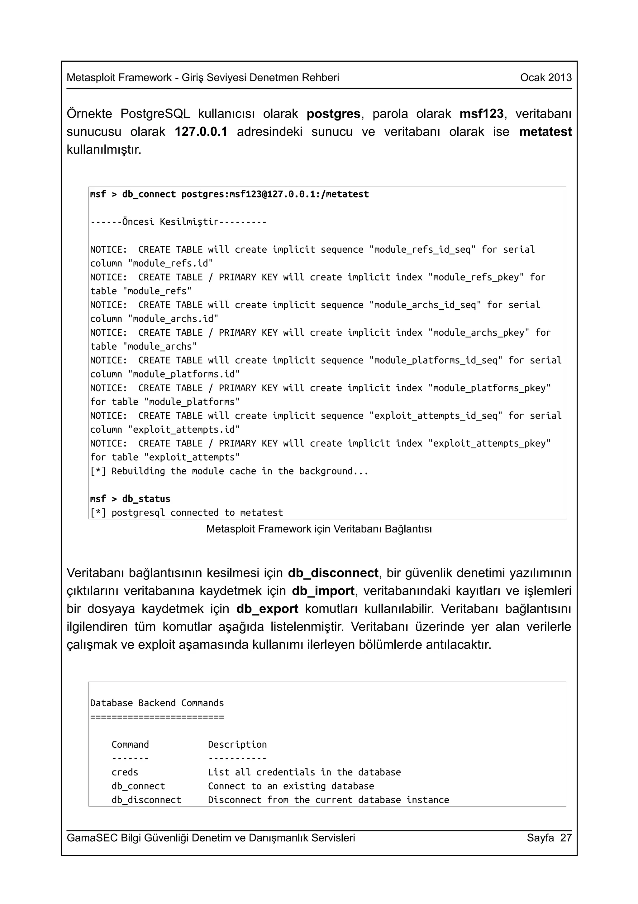 Metasploit Framework - Giriş Seviyesi Denetmen Rehberi                             Ocak 2013


Örnekte PostgreSQL kullanıcısı olarak postgres, parola olarak msf123, veritabanı
sunucusu olarak 127.0.0.1 adresindeki sunucu ve veritabanı olarak ise metatest
kullanılmıştır.


    msf > db_connect postgres:msf123@127.0.0.1:/metatest

    ------Öncesi Kesilmiştir---------

    NOTICE: CREATE TABLE will create implicit sequence "module_refs_id_seq" for serial
    column "module_refs.id"
    NOTICE: CREATE TABLE / PRIMARY KEY will create implicit index "module_refs_pkey" for
    table "module_refs"
    NOTICE: CREATE TABLE will create implicit sequence "module_archs_id_seq" for serial
    column "module_archs.id"
    NOTICE: CREATE TABLE / PRIMARY KEY will create implicit index "module_archs_pkey" for
    table "module_archs"
    NOTICE: CREATE TABLE will create implicit sequence "module_platforms_id_seq" for serial
    column "module_platforms.id"
    NOTICE: CREATE TABLE / PRIMARY KEY will create implicit index "module_platforms_pkey"
    for table "module_platforms"
    NOTICE: CREATE TABLE will create implicit sequence "exploit_attempts_id_seq" for serial
    column "exploit_attempts.id"
    NOTICE: CREATE TABLE / PRIMARY KEY will create implicit index "exploit_attempts_pkey"
    for table "exploit_attempts"
    [*] Rebuilding the module cache in the background...

    msf > db_status
    [*] postgresql connected to metatest
                           Metasploit Framework için Veritabanı Bağlantısı



Veritabanı bağlantısının kesilmesi için db_disconnect, bir güvenlik denetimi yazılımının
çıktılarını veritabanına kaydetmek için db_import, veritabanındaki kayıtları ve işlemleri
bir dosyaya kaydetmek için db_export komutları kullanılabilir. Veritabanı bağlantısını
ilgilendiren tüm komutlar aşağıda listelenmiştir. Veritabanı üzerinde yer alan verilerle
çalışmak ve exploit aşamasında kullanımı ilerleyen bölümlerde antılacaktır.



    Database Backend Commands
    =========================

        Command             Description
        -------             -----------
        creds               List all credentials in the database
        db_connect          Connect to an existing database
        db_disconnect       Disconnect from the current database instance


GamaSEC Bilgi Güvenliği Denetim ve Danışmanlık Servisleri                           Sayfa 27
 