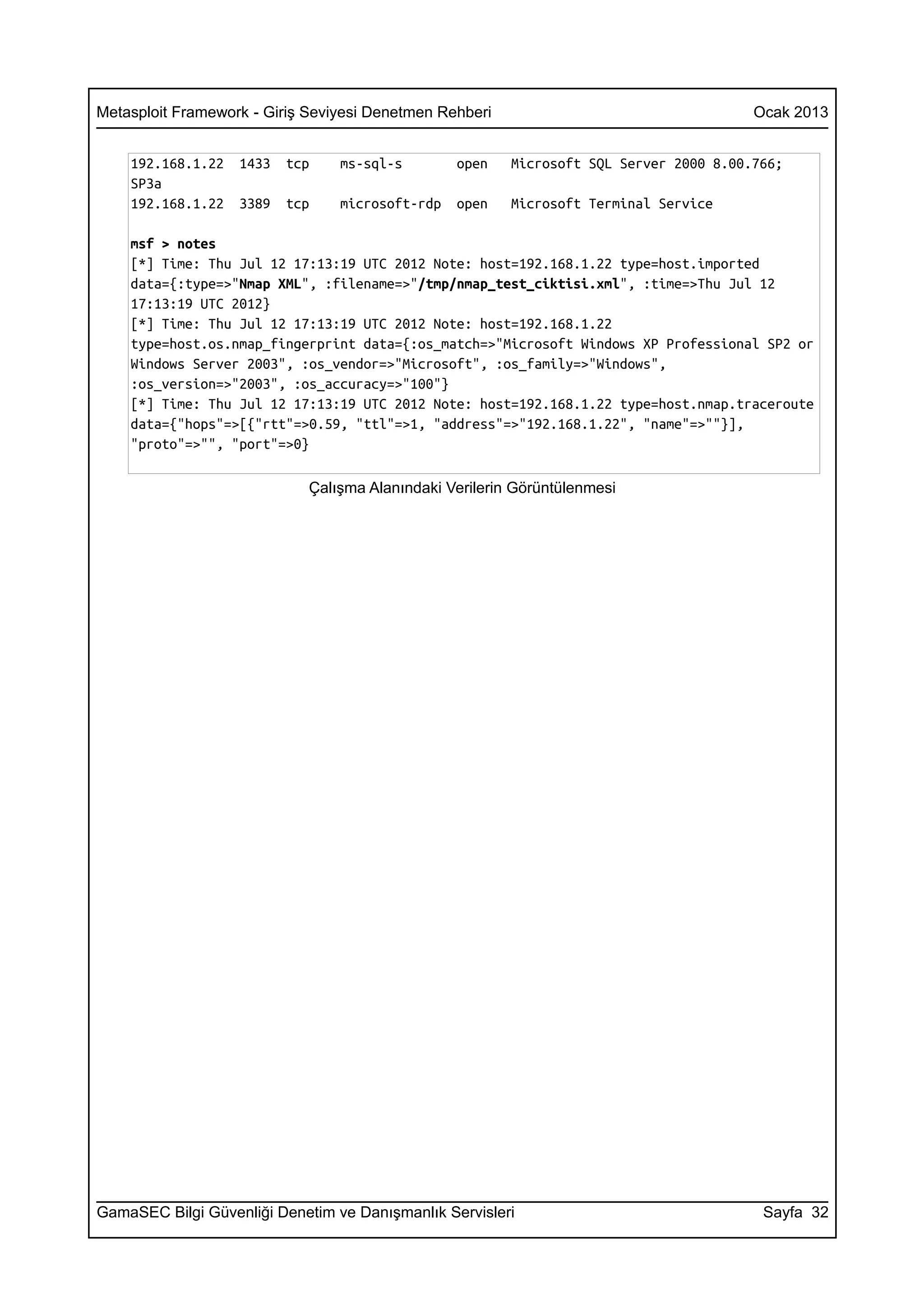 Metasploit Framework - Giriş Seviyesi Denetmen Rehberi                                  Ocak 2013


    192.168.1.22   1433   tcp    ms-sql-s        open    Microsoft SQL Server 2000 8.00.766;
    SP3a
    192.168.1.22   3389   tcp    microsoft-rdp   open    Microsoft Terminal Service

    msf > notes
    [*] Time: Thu Jul 12 17:13:19 UTC 2012 Note: host=192.168.1.22 type=host.imported
    data={:type=>"Nmap XML", :filename=>"/tmp/nmap_test_ciktisi.xml", :time=>Thu Jul 12
    17:13:19 UTC 2012}
    [*] Time: Thu Jul 12 17:13:19 UTC 2012 Note: host=192.168.1.22
    type=host.os.nmap_fingerprint data={:os_match=>"Microsoft Windows XP Professional SP2 or
    Windows Server 2003", :os_vendor=>"Microsoft", :os_family=>"Windows",
    :os_version=>"2003", :os_accuracy=>"100"}
    [*] Time: Thu Jul 12 17:13:19 UTC 2012 Note: host=192.168.1.22 type=host.nmap.traceroute
    data={"hops"=>[{"rtt"=>0.59, "ttl"=>1, "address"=>"192.168.1.22", "name"=>""}],
    "proto"=>"", "port"=>0}

                             Çalışma Alanındaki Verilerin Görüntülenmesi




GamaSEC Bilgi Güvenliği Denetim ve Danışmanlık Servisleri                                Sayfa 32
 
