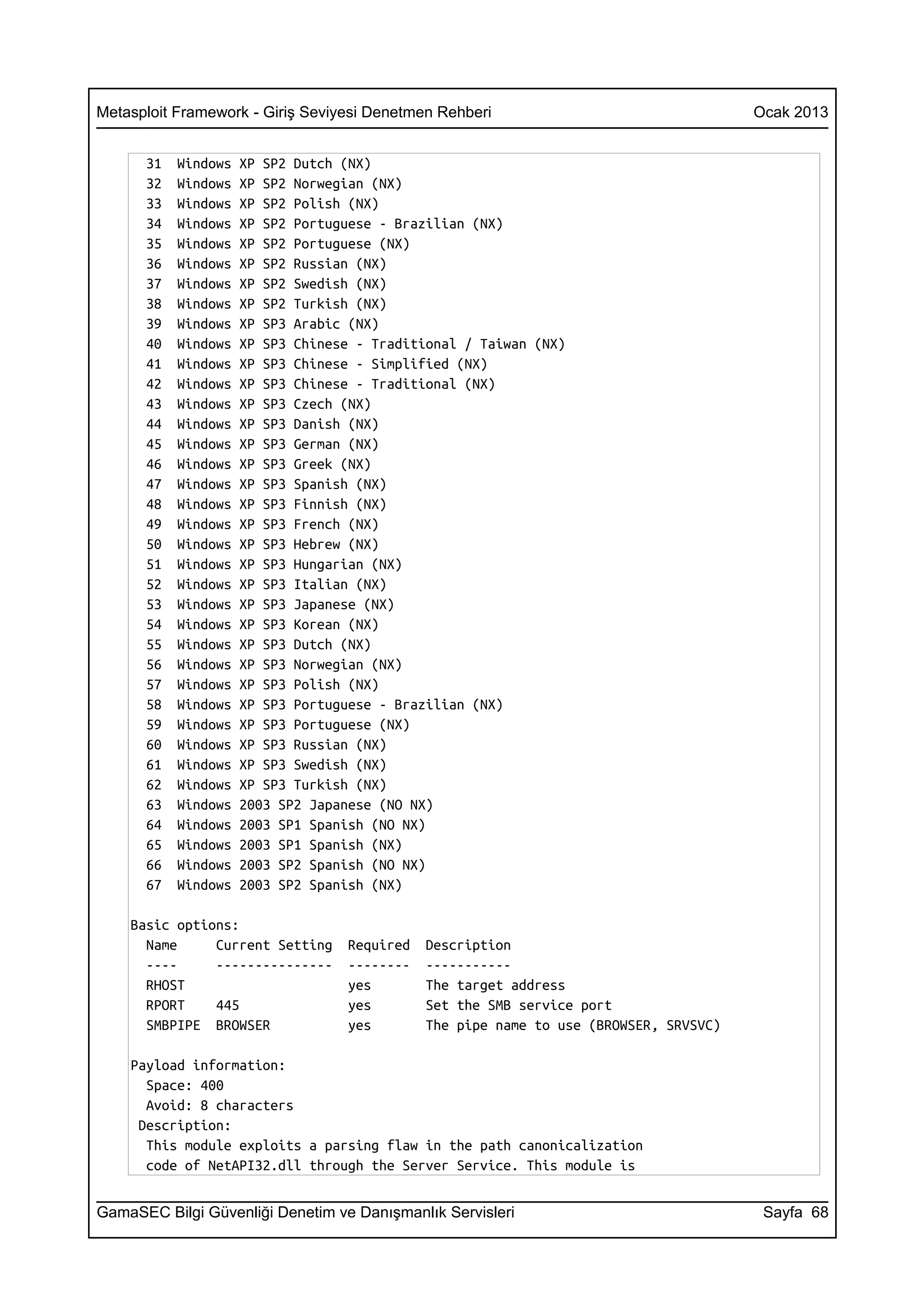 Metasploit Framework - Giriş Seviyesi Denetmen Rehberi                                Ocak 2013


      31   Windows   XP SP2 Dutch (NX)
      32   Windows   XP SP2 Norwegian (NX)
      33   Windows   XP SP2 Polish (NX)
      34   Windows   XP SP2 Portuguese - Brazilian (NX)
      35   Windows   XP SP2 Portuguese (NX)
      36   Windows   XP SP2 Russian (NX)
      37   Windows   XP SP2 Swedish (NX)
      38   Windows   XP SP2 Turkish (NX)
      39   Windows   XP SP3 Arabic (NX)
      40   Windows   XP SP3 Chinese - Traditional / Taiwan (NX)
      41   Windows   XP SP3 Chinese - Simplified (NX)
      42   Windows   XP SP3 Chinese - Traditional (NX)
      43   Windows   XP SP3 Czech (NX)
      44   Windows   XP SP3 Danish (NX)
      45   Windows   XP SP3 German (NX)
      46   Windows   XP SP3 Greek (NX)
      47   Windows   XP SP3 Spanish (NX)
      48   Windows   XP SP3 Finnish (NX)
      49   Windows   XP SP3 French (NX)
      50   Windows   XP SP3 Hebrew (NX)
      51   Windows   XP SP3 Hungarian (NX)
      52   Windows   XP SP3 Italian (NX)
      53   Windows   XP SP3 Japanese (NX)
      54   Windows   XP SP3 Korean (NX)
      55   Windows   XP SP3 Dutch (NX)
      56   Windows   XP SP3 Norwegian (NX)
      57   Windows   XP SP3 Polish (NX)
      58   Windows   XP SP3 Portuguese - Brazilian (NX)
      59   Windows   XP SP3 Portuguese (NX)
      60   Windows   XP SP3 Russian (NX)
      61   Windows   XP SP3 Swedish (NX)
      62   Windows   XP SP3 Turkish (NX)
      63   Windows   2003 SP2 Japanese (NO NX)
      64   Windows   2003 SP1 Spanish (NO NX)
      65   Windows   2003 SP1 Spanish (NX)
      66   Windows   2003 SP2 Spanish (NO NX)
      67   Windows   2003 SP2 Spanish (NX)

    Basic options:
      Name     Current Setting    Required   Description
      ----     ---------------    --------   -----------
      RHOST                       yes        The target address
      RPORT    445                yes        Set the SMB service port
      SMBPIPE BROWSER             yes        The pipe name to use (BROWSER, SRVSVC)

    Payload information:
      Space: 400
      Avoid: 8 characters
     Description:
      This module exploits a parsing flaw in the path canonicalization
      code of NetAPI32.dll through the Server Service. This module is


GamaSEC Bilgi Güvenliği Denetim ve Danışmanlık Servisleri                              Sayfa 68
 