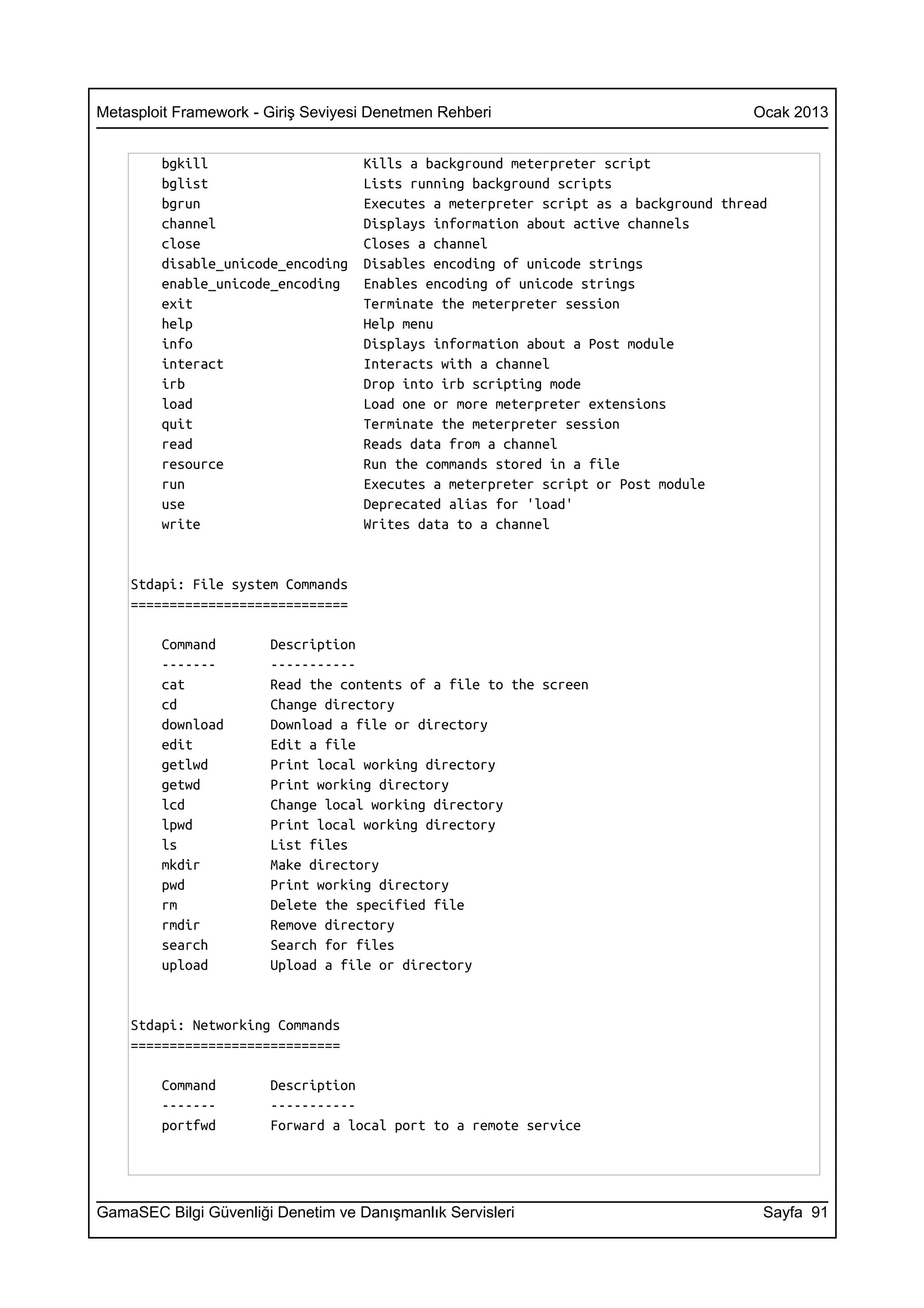 Metasploit Framework - Giriş Seviyesi Denetmen Rehberi                                Ocak 2013


        bgkill                      Kills a background meterpreter script
        bglist                      Lists running background scripts
        bgrun                       Executes a meterpreter script as a background thread
        channel                     Displays information about active channels
        close                       Closes a channel
        disable_unicode_encoding    Disables encoding of unicode strings
        enable_unicode_encoding     Enables encoding of unicode strings
        exit                        Terminate the meterpreter session
        help                        Help menu
        info                        Displays information about a Post module
        interact                    Interacts with a channel
        irb                         Drop into irb scripting mode
        load                        Load one or more meterpreter extensions
        quit                        Terminate the meterpreter session
        read                        Reads data from a channel
        resource                    Run the commands stored in a file
        run                         Executes a meterpreter script or Post module
        use                         Deprecated alias for 'load'
        write                       Writes data to a channel


    Stdapi: File system Commands
    ============================

        Command        Description
        -------        -----------
        cat            Read the contents of a file to the screen
        cd             Change directory
        download       Download a file or directory
        edit           Edit a file
        getlwd         Print local working directory
        getwd          Print working directory
        lcd            Change local working directory
        lpwd           Print local working directory
        ls             List files
        mkdir          Make directory
        pwd            Print working directory
        rm             Delete the specified file
        rmdir          Remove directory
        search         Search for files
        upload         Upload a file or directory


    Stdapi: Networking Commands
    ===========================

        Command        Description
        -------        -----------
        portfwd        Forward a local port to a remote service




GamaSEC Bilgi Güvenliği Denetim ve Danışmanlık Servisleri                              Sayfa 91
 
