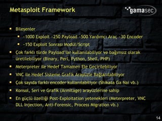 Metasploit Framework

 Bileşenler
    ~1000 Exploit ~250 Payload ~500 Yardımcı Araç ~30 Encoder
    ~150 Exploit Sonrası Modül/Script
 Çok farklı türde Payload’lar kullanılabiliyor ve bağımsız olarak
 üretilebiliyor (Binary, Perl, Python, Shell, PHP)
 Meterpreter ile Hedef Tamamen Ele Geçirilebiliyor
 VNC ile Hedef Sisteme Grafik Arayüzle Bağlanılabiliyor
 Çok sayıda farklı encoder kullanılabiliyor (Shikata Ga Nai vb.)
 Konsol, Seri ve Grafik (Armitage) arayüzlerine sahip
 En güçlü özelliği Post-Exploitation yetenekleri (Meterpreter, VNC
 DLL Injection, Anti-Forensic, Process Migration vb.)

                                                                     14
 