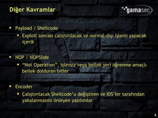 Diğer Kavramlar

 Payload / Shellcode
    Exploit sonrası çalıştırılacak ve normal-dışı işlemi yapacak
    içerik


 NOP / NOPSlide
    “Not Operation”, işlevsiz veya bellek yeri öğrenme amaçlı
    bellek dolduran bitler


 Encoder
    Çalıştırılacak Shellcode’u değiştiren ve IDS’ler tarafından
    yakalanmasını önleyen yazılımlar


                                                                   4
 