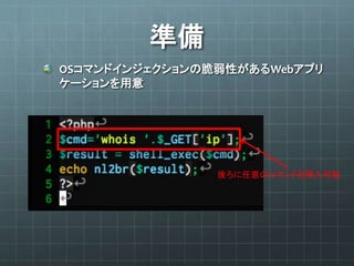 準備
OSコマンドインジェクションの脆弱性があるWebアプリ
ケーションを用意
後ろに任意のコマンドを挿入可能
 