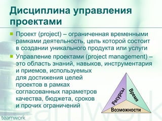 Дисциплина управления проектами Проект (project) – ограниченная временными рамками деятельность, цель которой состоит в создании уникального продукта или услуги  Управление проектами (project management) – это область знаний, навыков, инструментария и приемов, используемых  для достижения целей  проектов в рамках  согласованных параметров качества, бюджета, сроков  и прочих ограничений Ресурсы Время Возможности 