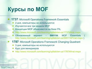 Курсы по  MOF 1737 : Microsoft Operations Framework Essentials 2   дня, компьютеры не используются Изучаются все три модели  MOF  Концепции  MOF  объясняются на базе  ITIL http://www.microsoft.com/learning/syllabi/en-us/1737bfinal.mspx   Обновленный вариант -  50011A :   MOF Essentials  ( http://www.microsoft.com/learning/syllabi/en-us/50011AFinal.mspx  ) 1787 :  Microsoft Operations Framework Changing Quadrant 3   дня, компьютеры не используются Курс для менеджеров http://www.microsoft.com/learning/syllabi/en-us/1787Afinal.mspx   