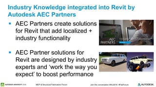 © 2016 Autodesk© 2016 Autodesk Join the conversation #AU2016 #FabForumMEP & Structural Fabricators Forum
 AEC Partners create solutions
for Revit that add localized +
industry functionality
 AEC Partner solutions for
Revit are designed by industry
experts and ‘work the way you
expect’ to boost performance
Industry Knowledge integrated into Revit by
Autodesk AEC Partners
 