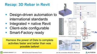 © 2016 Autodesk© 2016 Autodesk Join the conversation #AU2016 #FabForumMEP & Structural Fabricators Forum
 Design-driven automation to
international standards
 Integrated = native Revit
 Client-side configurable
 Smart-Factory ready
Recap: 3D Rebar in Revit
Harness the power of Data to complete
activities faster and better than was
possible before!
 