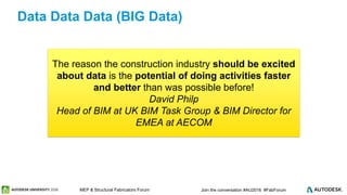 © 2016 Autodesk© 2016 Autodesk Join the conversation #AU2016 #FabForumMEP & Structural Fabricators Forum
Data Data Data (BIG Data)
The reason the construction industry should be excited
about data is the potential of doing activities faster
and better than was possible before!
David Philp
Head of BIM at UK BIM Task Group & BIM Director for
EMEA at AECOM
 