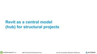 © 2016 Autodesk© 2016 Autodesk Join the conversation #AU2016 #FabForumMEP & Structural Fabricators Forum
Revit as a central model
(hub) for structural projects
 