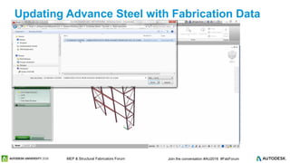 © 2016 Autodesk© 2016 Autodesk Join the conversation #AU2016 #FabForumMEP & Structural Fabricators Forum
Updating Advance Steel with Fabrication Data
 
