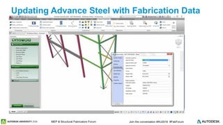 © 2016 Autodesk© 2016 Autodesk Join the conversation #AU2016 #FabForumMEP & Structural Fabricators Forum
Updating Advance Steel with Fabrication Data
 