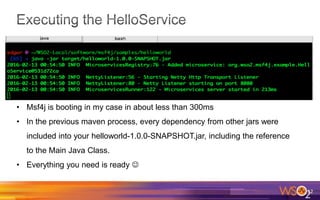12
• Msf4j is booting in my case in about less than 300ms
• In the previous maven process, every dependency from other jars were
included into your helloworld-1.0.0-SNAPSHOT.jar, including the reference
to the Main Java Class.
• Everything you need is ready 
 