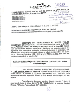 Mandado de segurança coletivo da Federação dos Trabalhadores no Serviço Público Municipal do Estado do Ceará, como representante do quadro de pessoal de Paracuru-CE, contra o poder executivo