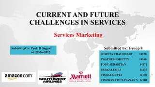 CURRENT AND FUTURE
CHALLENGES IN SERVICES
Services Marketing
SHWETA CHAUDHARY 14150
SWATHESH SHETTY 14168
TONY SEBASTIAN 14171
VARKALESH J 14173
VISHAL GUPTA 14178
VISHWANATH NAYANAR V 14180
Submitted by: Group 8Submitted to: Prof. R Sugant
on 29-06-2015
 