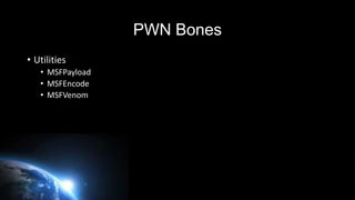 PWN Bones – WMAP
• WMAP
• Web Application “Scanner”
• Focuses on utilizing the MSF Web Scanning & Data Collection Modules
...