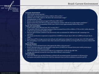 Brazil: Current Environment

Economic Environment
• GDP: $2.48T (world rank #6) 1
• Debt/GDP has declined from 62.9% in 2002 to 35% in 2011 1
• Inflation rate is 4.9%, which is .4% above the central bank’s target 2
• Unemployment at 5.8% 3
• Brazil’s retail sales growth averaged 5.27% from 2001-2012 3
• Brazil receives the most FDI out of any Latin American country, with the U.S. as the largest contributor 1
• FDI has increased at an annualized 30.6% since 2010 to reach approximately $63B in May 2012 2
Trade and commodities
• Trade surplus of $23.9B from June 2011 to June 2012 2
• The portion of Brazil’s total exports going to China increased from 6.2% in 2006 to 17.9% in 2012, while allocation
to the U.S. decreased from 18.2% to 11% 2
• New pre-salt oil basins continue to be discovered, with an estimated 50-100B barrels still remaining to be
extracted 4
• Oil and gas production is expected to expand from 2.02MM barrels per day in 2011 to 4.2MM barrels per day in
2020 2
• Brazil has an 87% average success rate with pre-salt exploration compared to an average rate of 20-25% globally 4
• Pre-salt drilling is more expensive than other extraction methods and has an average break-even price of about $40
per barrel 4
Financial Markets
• Brazilian real has declined nearly 24% against the dollar in the past year 5
• Brazil’s Bovespa index has only provided a total return of 4.82% over the past three years while producing an
annualized rate of 10.82% since 2000 5
• MSCI Brazil Index has a forward P/E ratio of 11x compared to 13.25x for the S&P 500
• Energy and materials account for more than 40% of Brazil’s stock market 6
Current Issues
• 2014 FIFA World Cup and 2016 Olympics in Brazil will necessitate greater investment in infrastructure
• Corruption and political interference with free enterprise have served as inhibitors to growth and FDI

15
Copyright © 2011 MSF Enterprises, LLC
2012 MSF Enterprises, LLC

 