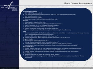 China: Current Environment


                                        Economic Environment
                                        • GDP of $7.29T (world rank #2) 1
                                        • GDP growth has slowed 6 straight quarters to 7.6% in Q2 2012, the lowest level since 2008 2
                                        • Low unemployment at 4.1% 2
                                        • Total debt to GDP over 180% 3
                                        • Retail sales rose at a CAGR of 18% between 2005 and 2011 2
                                        Exports
                                        • China’s exports totaled $1.2T in 2011 2
                                        • 25% of the Chinese labor force works in export-related businesses 2
                                        • The U.S., Japan and the EU are China’s largest export markets 4
                                        • The EU accounted for 18% of China’s exports in 2011 4
                                        • Exports to emerging markets make up 45.5% of China’s total 5
                                        • Shift occurring from export-based economy towards a consumption based economy
                                        Debt
                                        • Government debt/GDP is 25.8%, but that figure excludes the debt of state-owned enterprises and local governments
                                           that is implicitly backed by the central government 6
                                        • Consumer debt makes up approximately 18% of total debt 7
                                        • Savings rate is around 28% of disposable income, compared to 3.9% for the U.S. 6,8
                                        Property Market
                                        • Property prices began to decrease in 2012 9
                                        • Average Chinese family holds 41% of its wealth in property 10
                                        • Government control of the property market can distort the supply/demand balance 11
                                        • Multiple “ghost cities” were built in anticipation of high growth but remain largely unoccupied 12
                                        Financial Markets
                                        • Difficult to invest directly in the yuan or yuan-denominated assets due to government capital controls 13
                                        • ETFs may be the best vehicle to invest in China’s equity and debt markets
                                        • Foreign Invested Enterprises can be created to invest in real estate, equity or other asset classes 14
                                        Current Issues
                                        • Infrastructure ranks 69th out of 142 countries, behind Jamaica 15
                                        • Analyst skepticism over timing, accuracy and comprehensiveness of economic data released by the Chinese
                                           government




                                                                                                                                                    11
Copyright © 2011 MSF Enterprises, LLC
            2012 MSF Enterprises, LLC
 