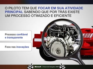 O PILOTO TEM QUE  FOCAR EM SUA ATIVIDADE PRINCIPAL  SABENDO QUE POR TRÁS EXISTE UM PROCESSO OTIMIZADO E EFICIENTE Processo  confiável e transparente Foco nas  inovações 
