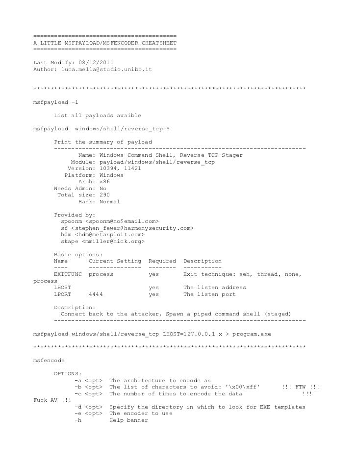 msfpayload msfencoder cheatsheet reverse shell cheat sheet