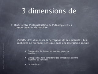 3 dimensions de
                                1) Hiatus entre l’internalisation de l’idéologie et les
                                   comportements de mobilité




                                     2) Difficultés d’imposer la perception de ses mobilités. Les
                                     mobilités ne prennent sens que dans une interaction sociale
MSFS 2010 - Mincke & Montulet




                                               l’impression de donner en vain des gages de
                                               mobilités

                                               L’incapacité à faire considérer ses immobilités comme
                                               légitimes ou vénielles.

                                               Le simulacre
 