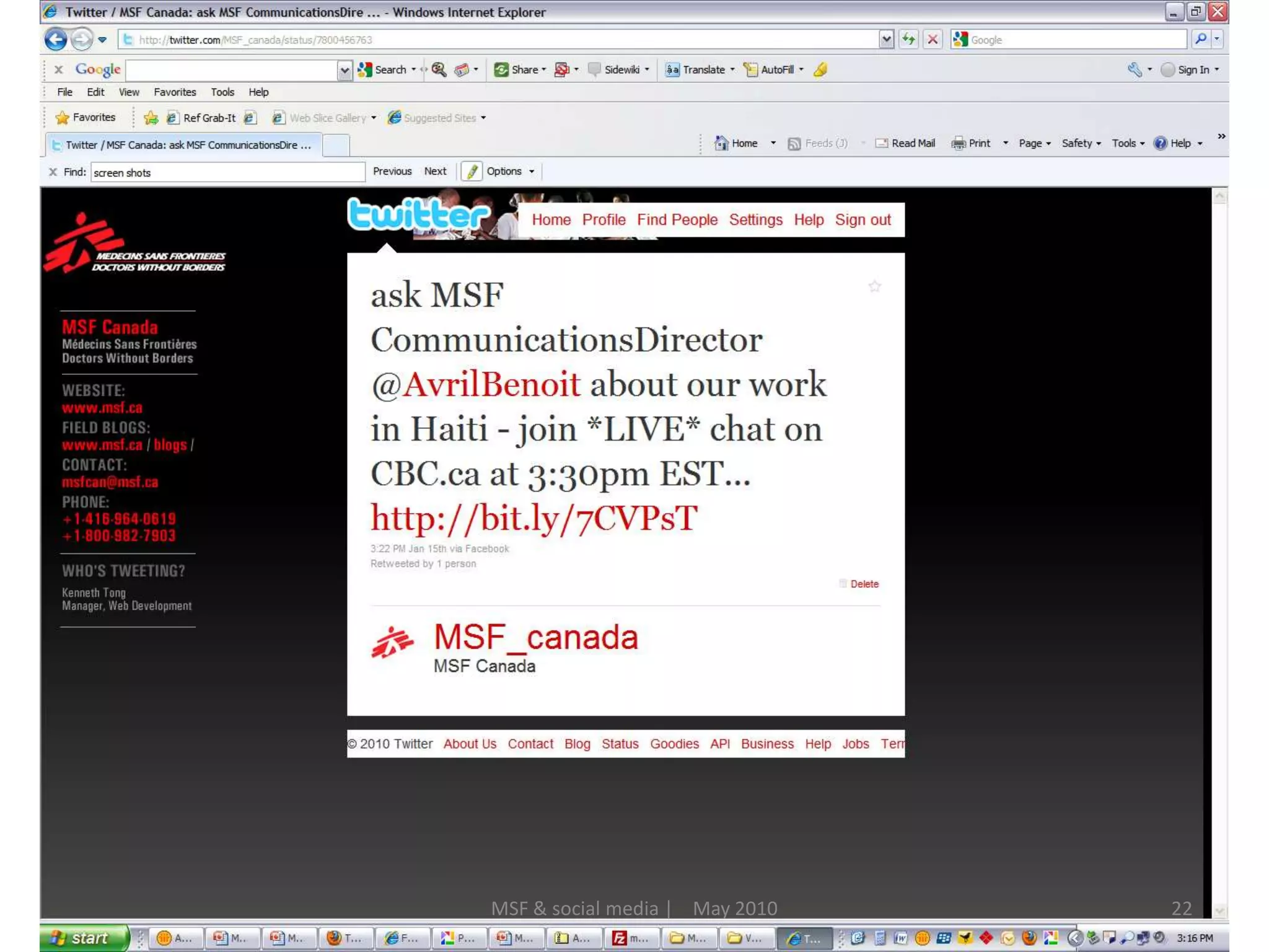 22MSF & social media |    May 2010