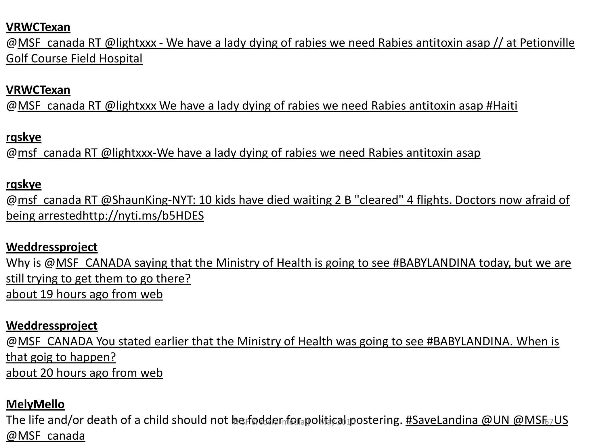 VRWCTexan@MSF_canada RT @lightxxx - We have a lady dying of rabies we need Rabies antitoxin asap // at Petionville Golf Course Field Hospital VRWCTexan@MSF_canada RT @lightxxx We have a lady dying of rabies we need Rabies antitoxin asap #Haiti rqskye@msf_canada RT @lightxxx-We have a lady dying of rabies we need Rabies antitoxin asaprqskye@msf_canada RT @ShaunKing-NYT: 10 kids have died waiting 2 B "cleared" 4 flights. Doctors now afraid of being arrestedhttp://nyti.ms/b5HDES WeddressprojectWhy is @MSF_CANADA saying that the Ministry of Health is going to see #BABYLANDINA today, but we are still trying to get them to go there? about 19 hours ago from web Weddressproject@MSF_CANADA You stated earlier that the Ministry of Health was going to see #BABYLANDINA. When is that goig to happen? about 20 hours ago from web MelyMelloThe life and/or death of a child should not be fodder for political postering. #SaveLandina @UN @MSF_US @MSF_canada4:11 PM Feb 7th from web VRWCTexan@MSF_canada RT @ShaunKing Need current contact inform & GPS coordinates for baby & docs MSF:http://bit.ly/brK3YJ we are ready to move 8:32 PM Feb 6th from web in reply to MSF_canada67MSF & social media |    May 2010