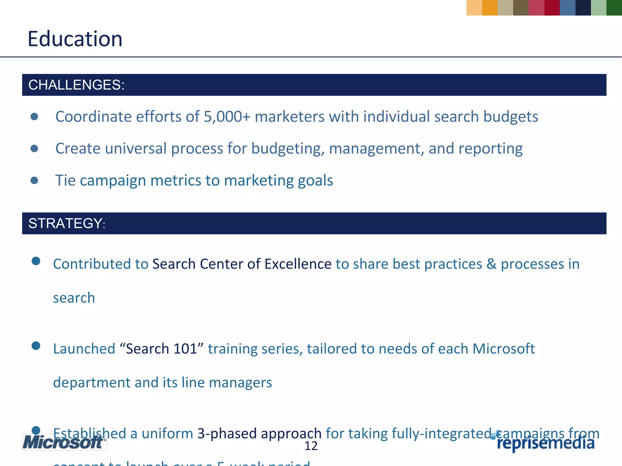 Education  CHALLENGES: Coordinate efforts of 5,000+ marketers with individual search budgets Create universal process for budgeting, management, and reporting Tie  campaign metrics to marketing goals Contributed to  Search Center of Excellence  to share best practices & processes in search Launched  “Search 101”  training series, tailored to needs of each Microsoft department and its line managers Established a uniform  3-phased approach  for taking fully-integrated campaigns from concept to launch over a 5-week period STRATEGY : 