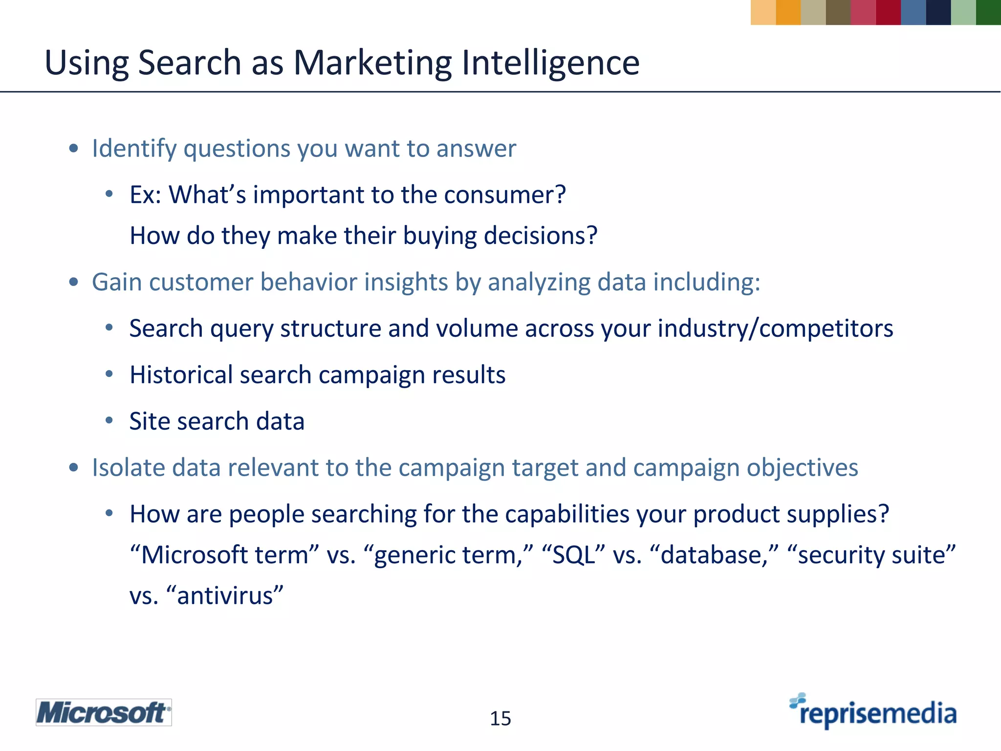 Using Search as Marketing Intelligence Identify questions you want to answer Ex: What’s important to the consumer?  How do they make their buying decisions? Gain customer behavior insights by analyzing data including: Search query structure and volume across your industry/competitors Historical search campaign results Site search data  Isolate data relevant to the campaign target and campaign objectives How are people searching for the capabilities your product supplies? “Microsoft term” vs. “generic term,” “SQL” vs. “database,” “security suite” vs. “antivirus”  