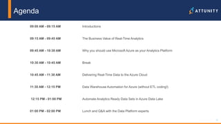 12© 2017 Attunity 12© 2017 Attunity
Agenda
09:00 AM - 09:15 AM Introductions
09:15 AM - 09:45 AM The Business Value of Real-Time Analytics
09:45 AM - 10:30 AM Why you should use Microsoft Azure as your Analytics Platform
10:30 AM - 10:45 AM Break
10:45 AM - 11:30 AM Delivering Real-Time Data to the Azure Cloud
11:30 AM - 12:15 PM Data Warehouse Automation for Azure (without ETL coding!)
12:15 PM - 01:00 PM Automate Analytics Ready Data Sets in Azure Data Lake
01:00 PM - 02:00 PM Lunch and Q&A with the Data Platform experts
 