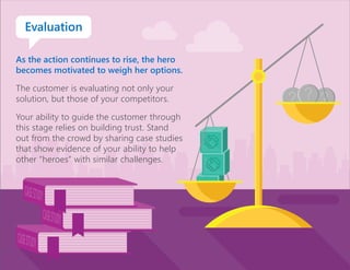 As the action continues to rise, the hero
becomes motivated to weigh her options.
The customer is evaluating not only your
solution, but those of your competitors.
Your ability to guide the customer through
this stage relies on building trust. Stand
out from the crowd by sharing case studies
that show evidence of your ability to help
other “heroes” with similar challenges.
Evaluation
 