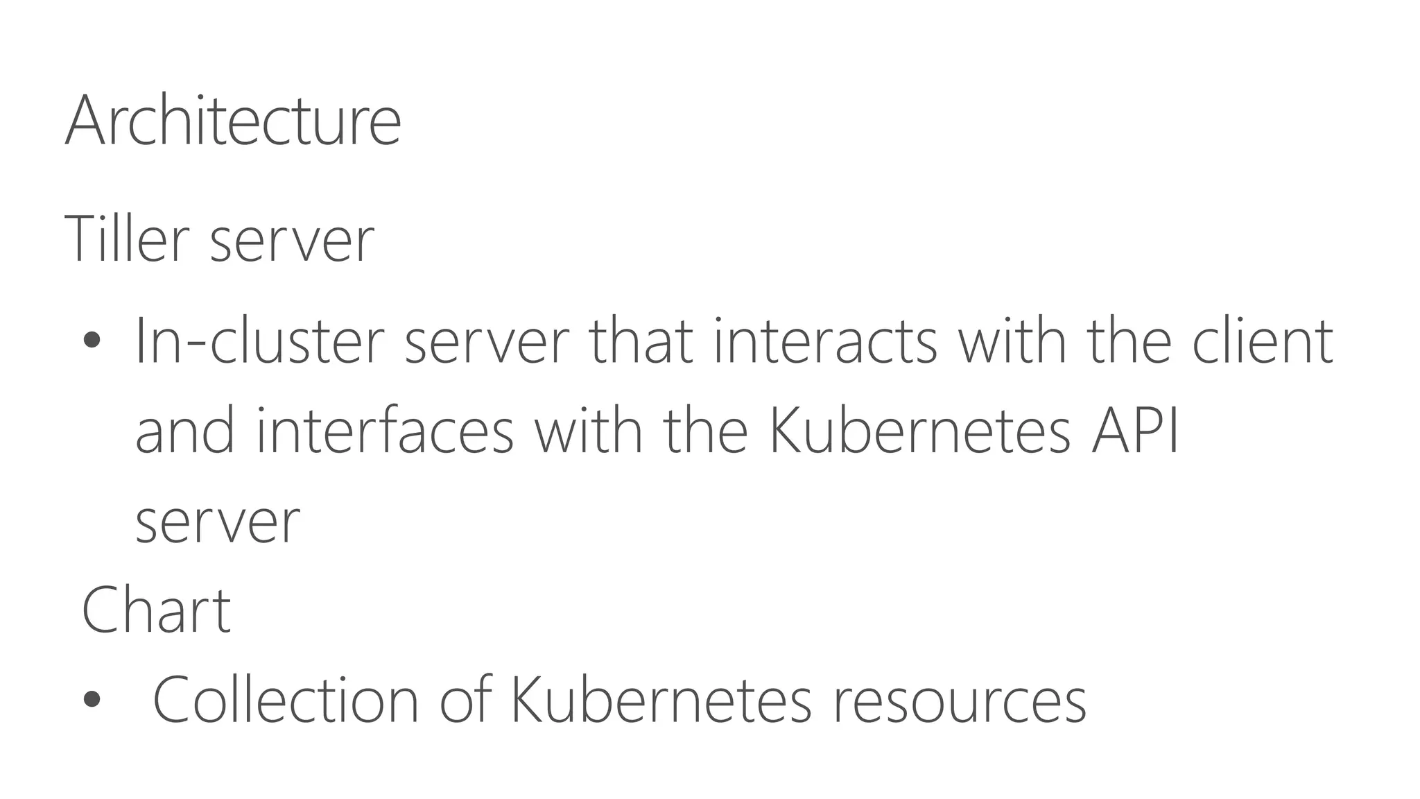 Architecture
Tiller server
• In-cluster server that interacts with the client
and interfaces with the Kubernetes API
server
Chart
• Collection of Kubernetes resources
 