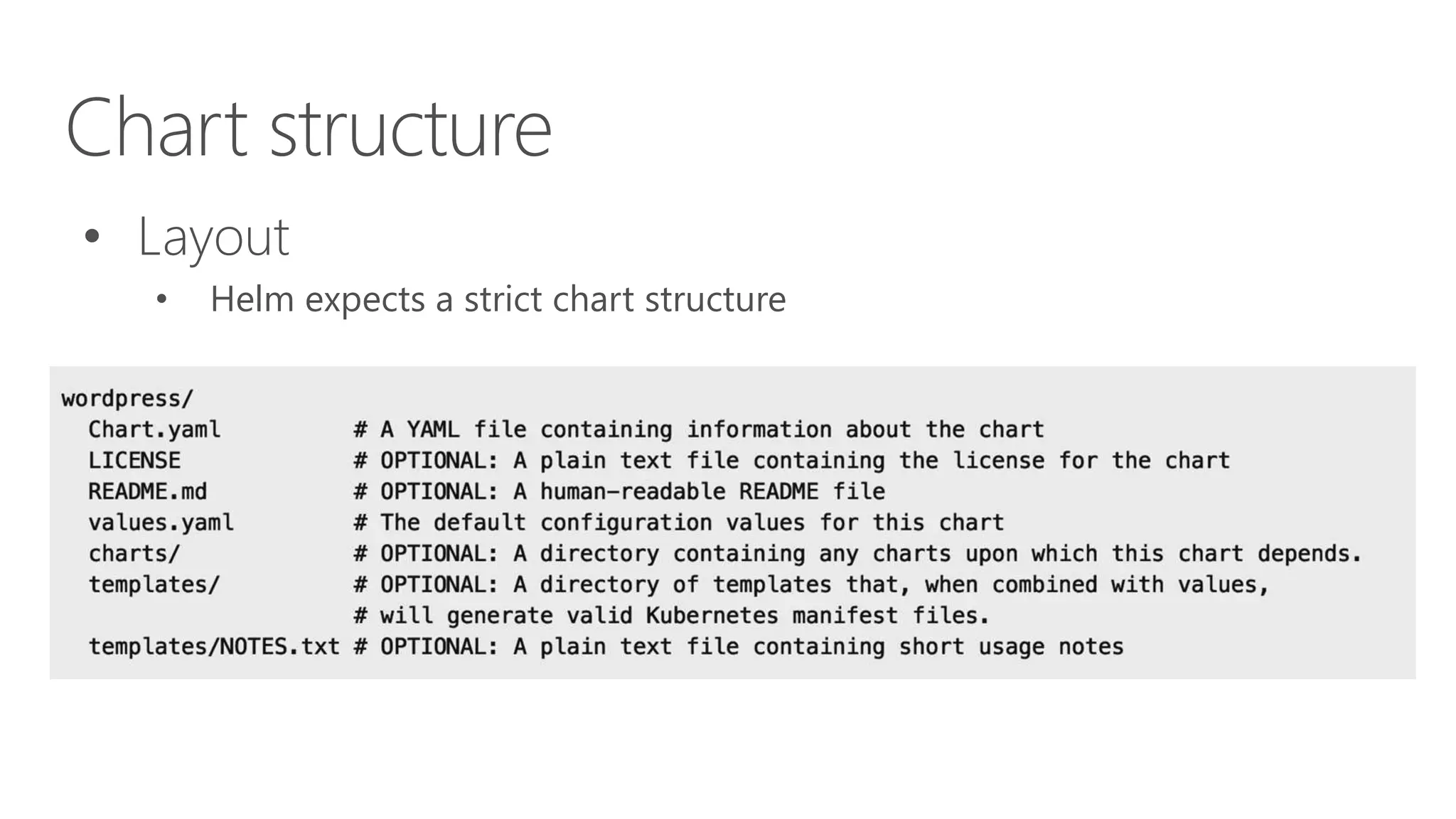 Chart structure
• Layout
• Helm expects a strict chart structure
 