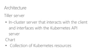 Architecture
Tiller server
• In-cluster server that interacts with the client
and interfaces with the Kubernetes API
server
Chart
• Collection of Kubernetes resources
 