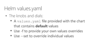 Helm values.yaml
• The knobs and dials:
• A values.yaml file provided with the chart
that contains default values
• Use -f to provide your own values overrides
• Use --set to override individual values
 