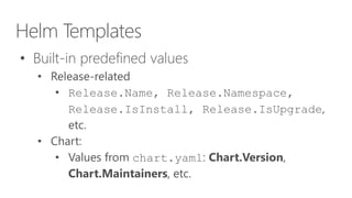 Helm Templates
• Built-in predefined values
• Release-related
• Release.Name, Release.Namespace,
Release.IsInstall, Release.IsUpgrade,
etc.
• Chart:
• Values from chart.yaml: Chart.Version,
Chart.Maintainers, etc.
 